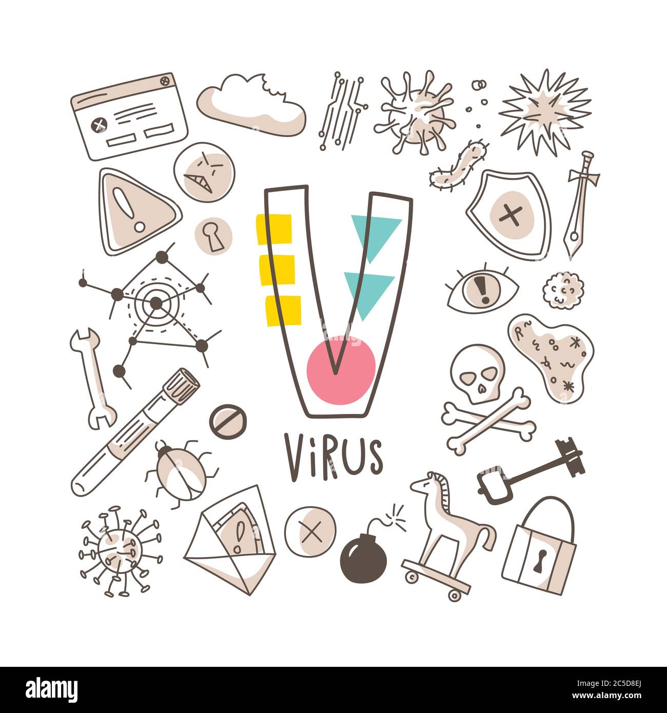 Lettera V - Virus, serie di alfabeti carini in stile doodle, illustrazione vettoriale Illustrazione Vettoriale