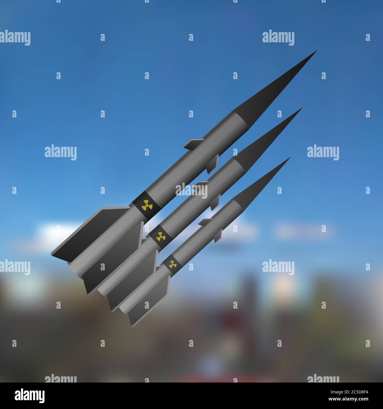 Un missile nucleare vola nel cielo. Illustrazione vettoriale. Guerra tecnologica. Illustrazione Vettoriale