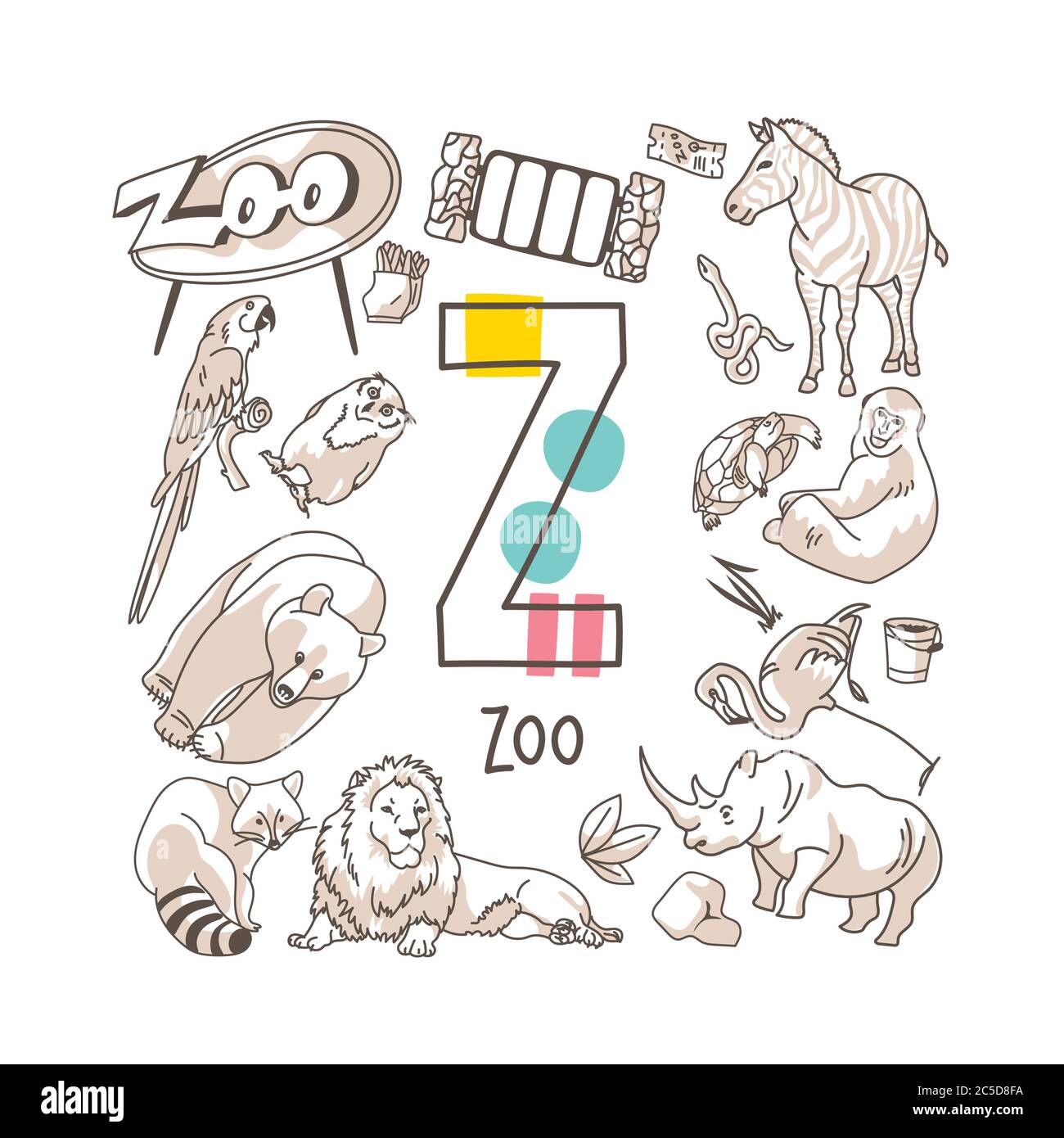 Lettera Z - Zoo, serie di alfabeti carini in stile doodle, illustrazione vettoriale Illustrazione Vettoriale