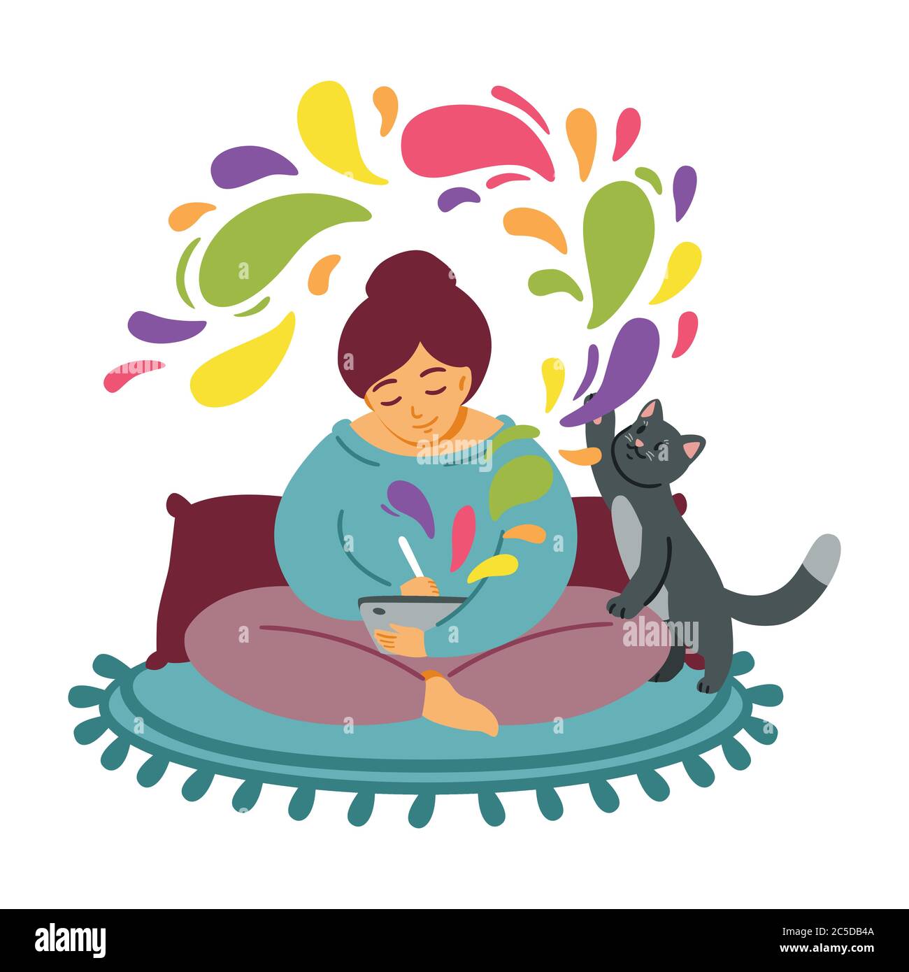 Ragazza si ispira a un tablet. Il gatto gioca sul tappeto. La donna trascorre il tempo in modo cozy al lavoro favorito. Designer freelance, lavora da casa. Computer o cifra Illustrazione Vettoriale