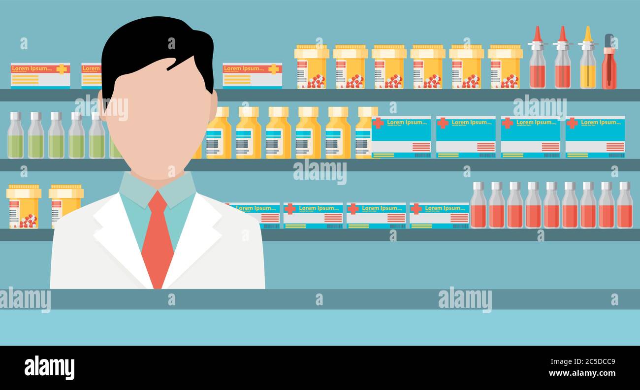 Moderna illustrazione vettoriale piatta di un farmacista maschile al banco in una farmacia di fronte agli scaffali con farmaci. Backgrou concettuale di sanità Illustrazione Vettoriale