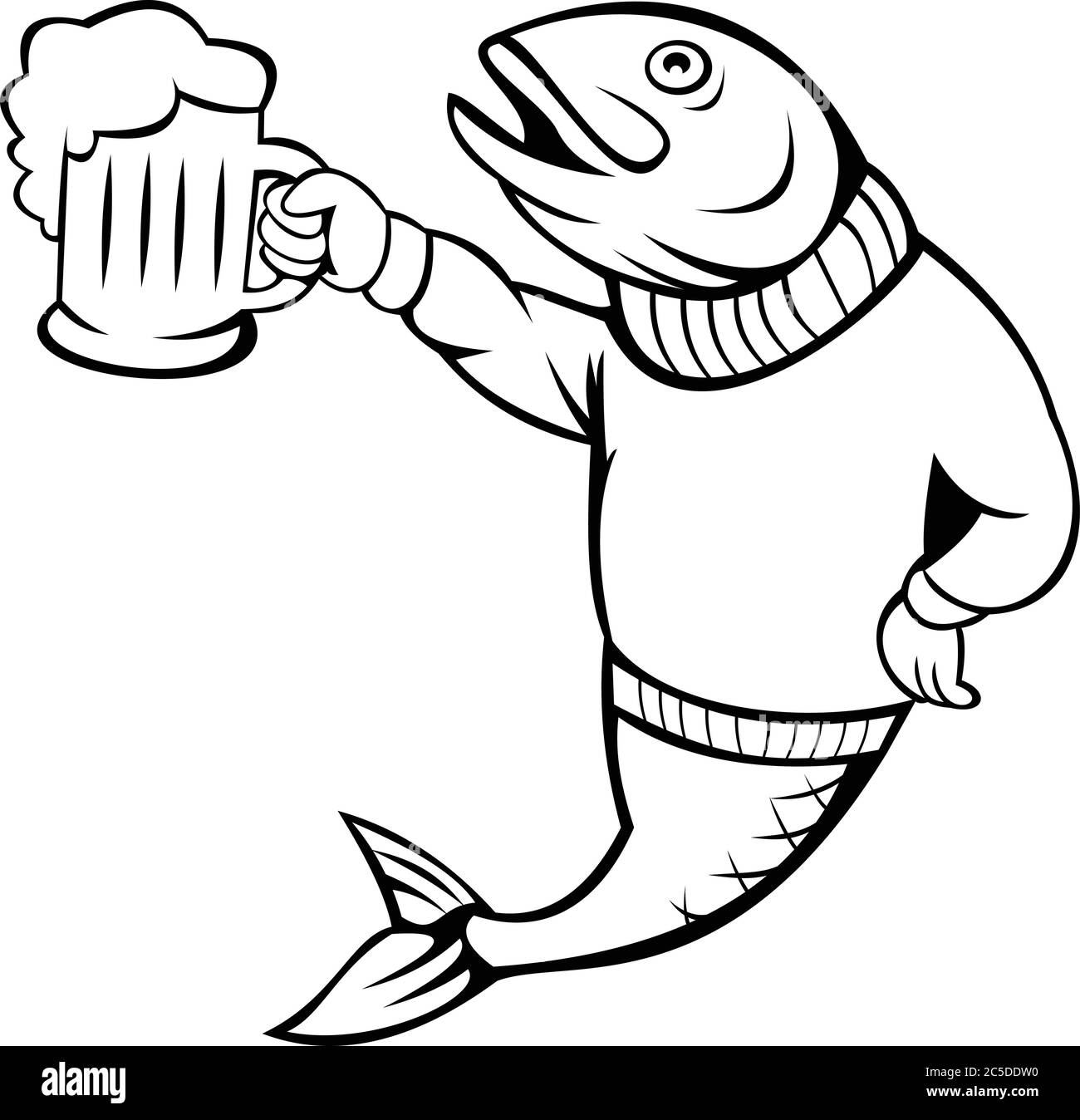 Illustrazione in stile cartoon di un pesce di trota o salmone che tiene in mano la tazza di birra di birra di ale che indossa maglione o maglia su sfondo bianco isolato. Illustrazione Vettoriale