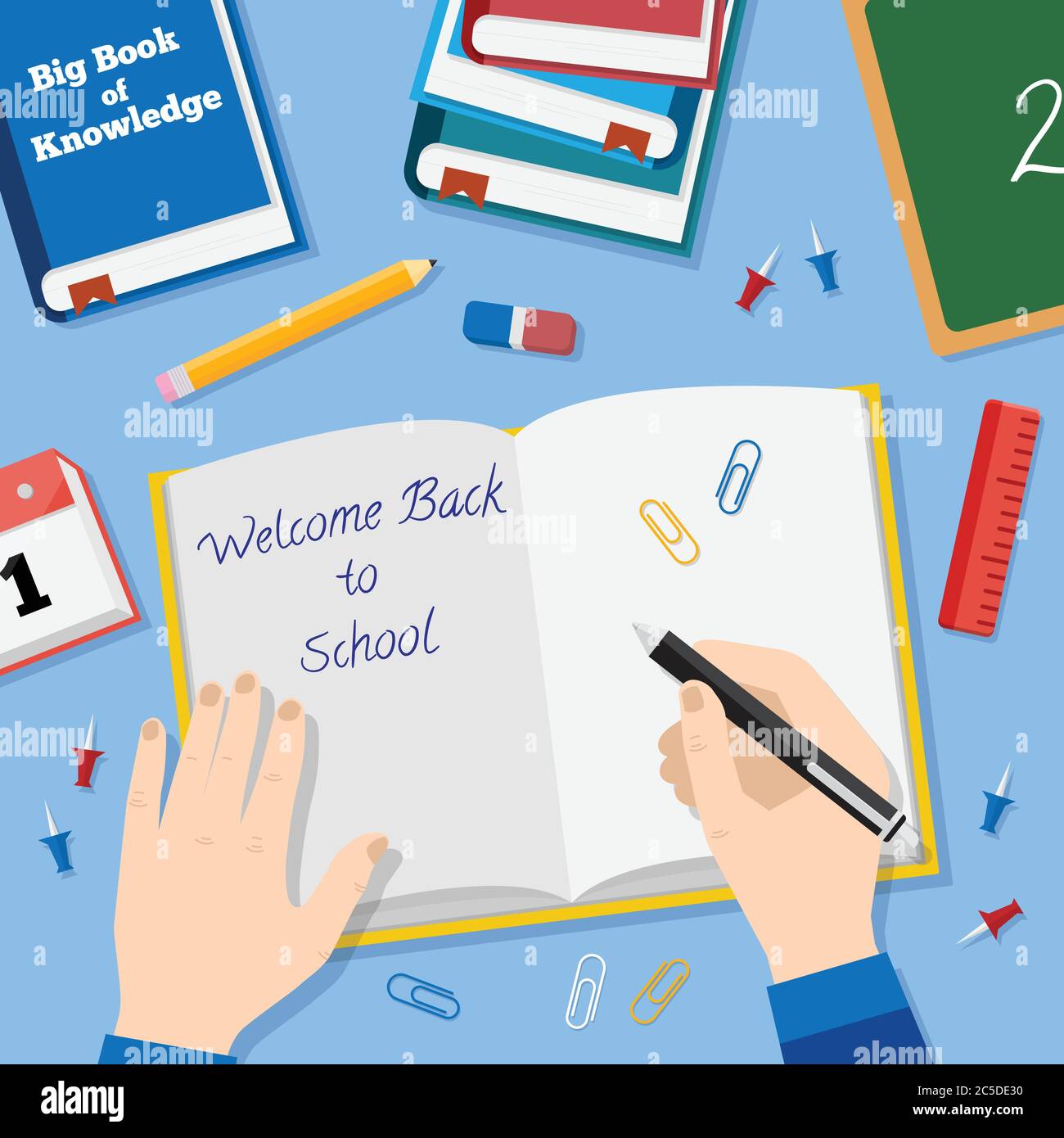 Torna a Scuola Flat Style sfondo vettoriale con Libri matite penna e altri stazionari Illustrazione Vettoriale