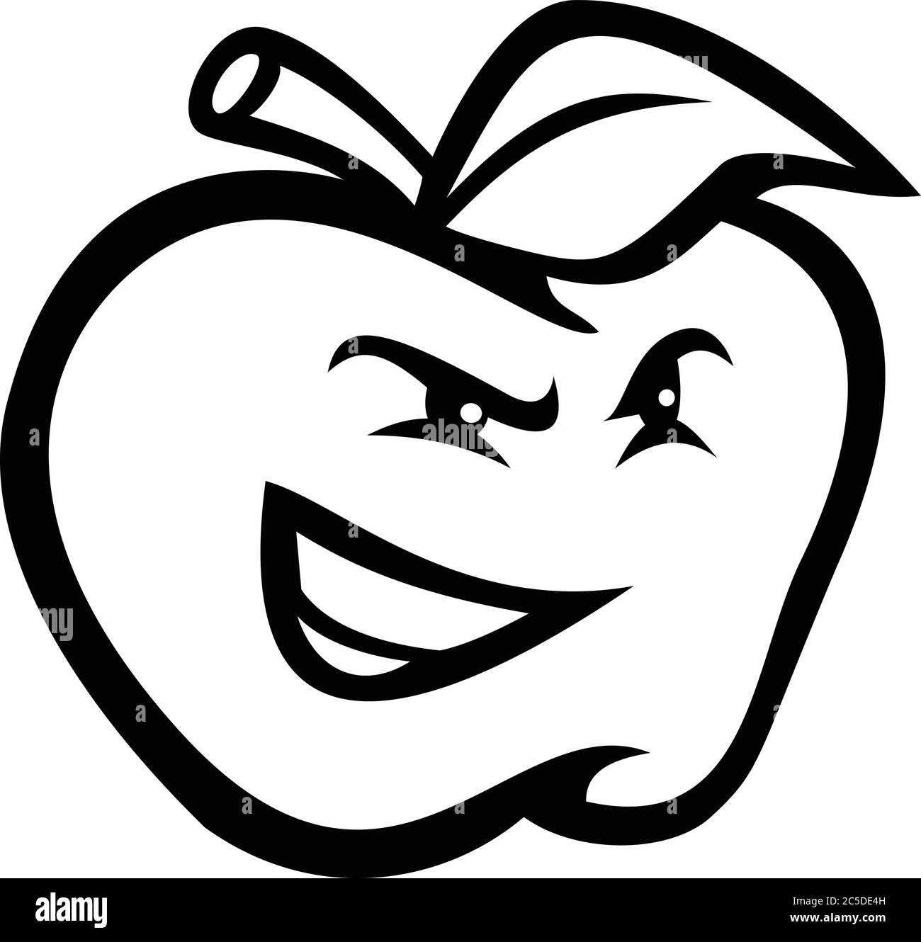 Mascotte bianche e nere illustrazione di una mela rossa arrabbiata, un frutto dolce e commestibile prodotto da alberi di mele, guardando a lato visto dalla parte anteriore su isolat Illustrazione Vettoriale
