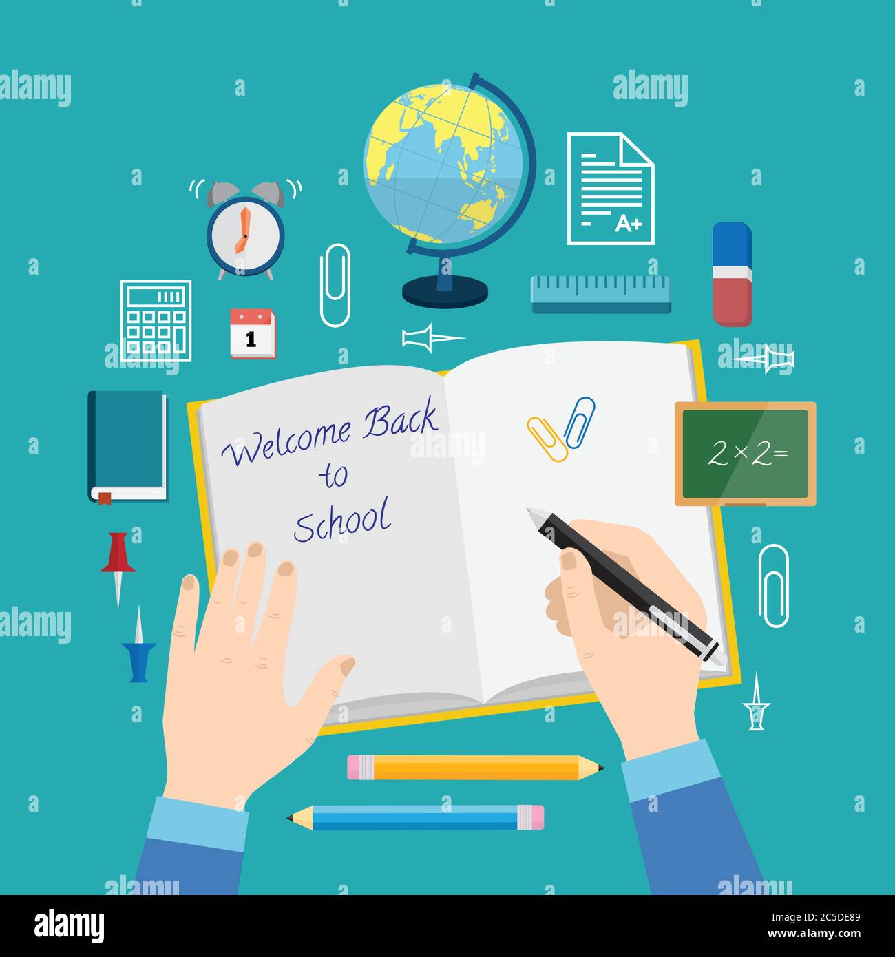Torna a Scuola Flat Style Vector Icon Set Libri matite penna e altri stazionari Illustrazione Vettoriale