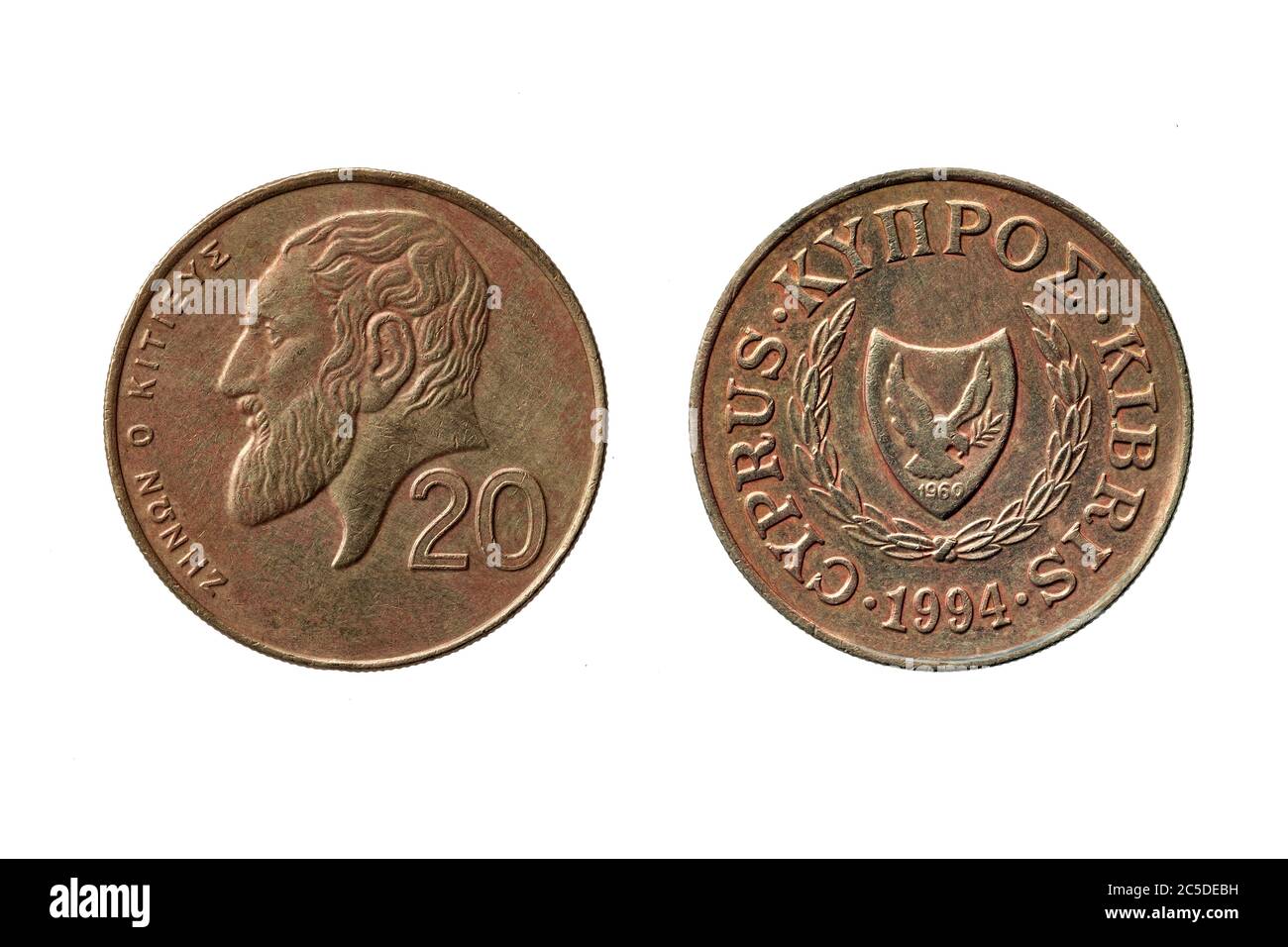 Vecchia moneta greca da 20 centesimi datata 1994 con un ritratto di Zeno di Citium Obverse e la cordata di armi di Cipro tagliato e isolato su una W. Foto Stock