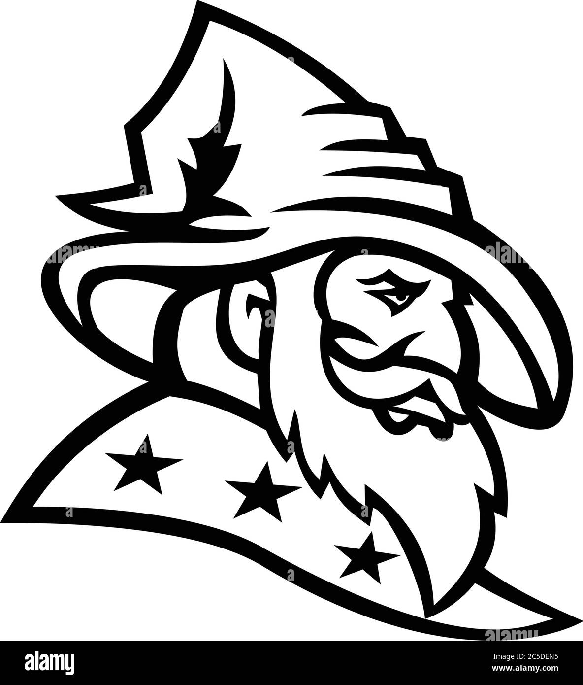 Mascot nero e bianco illustrazione di testa di un mago, di un warlock, di un mago o stregone con tre stelle sul suo mantello o accappatoio visto da un lato su isola Illustrazione Vettoriale