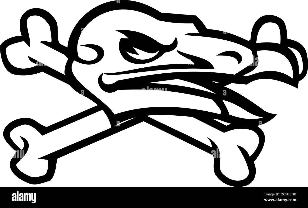 Icona mascotte in bianco e nero illustrazione della testa cranica di un avvoltoio, condor californiano o condor andino con ossa incrociate vista da un lato sull'isola Illustrazione Vettoriale