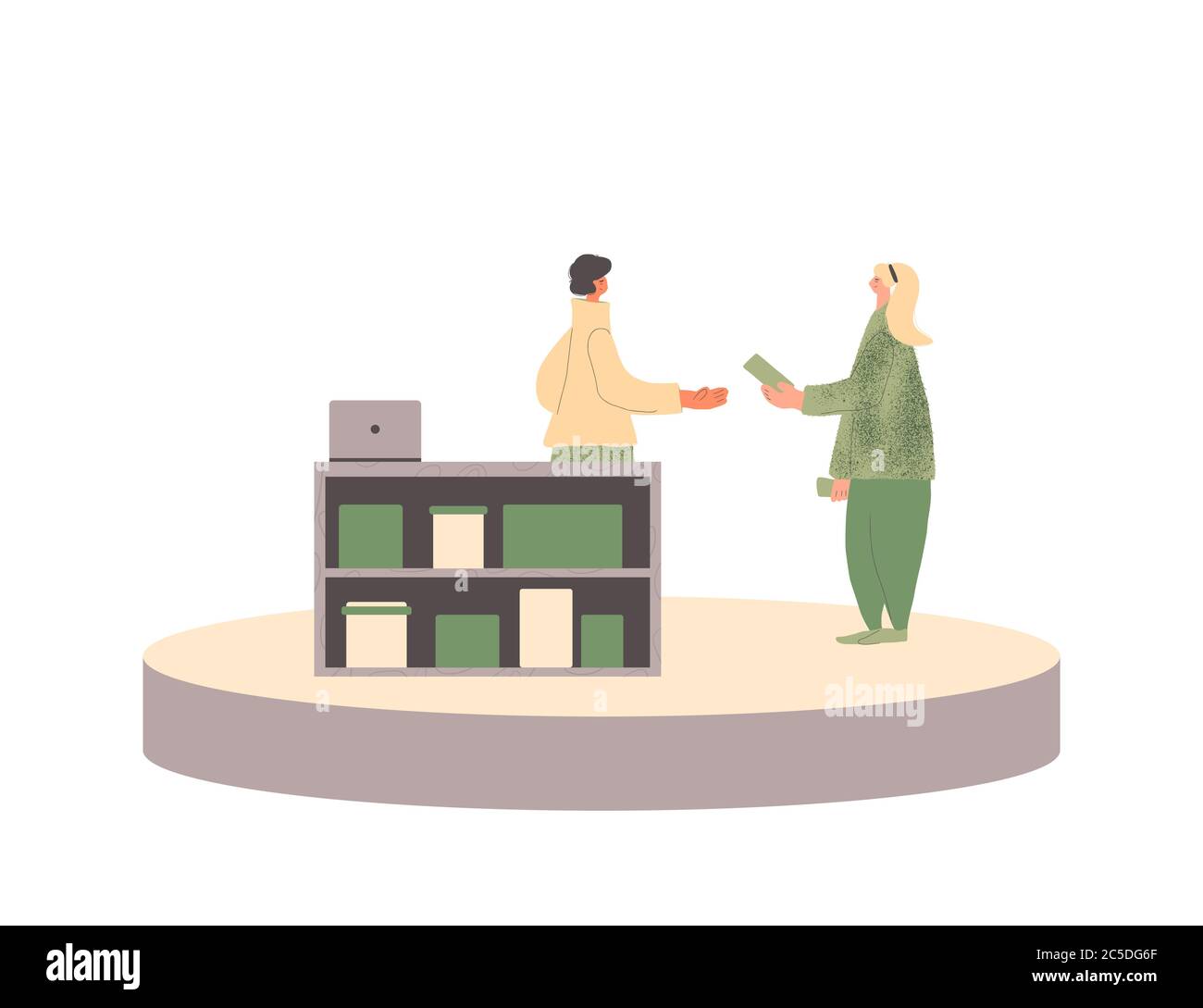 Concetto di business retail locale. Angolo negozio. Donna vestita con abiti casual, che aggirano una merce fatta a mano. Mercato delle pulci. Illustrazione vettoriale. Illustrazione Vettoriale