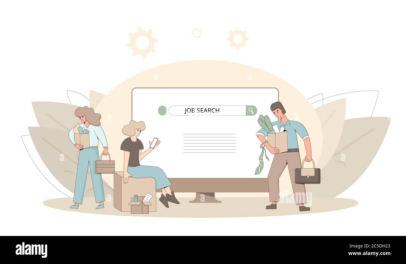 Concetto di disoccupazione. Scartati caratteri tristi contenenti una scatola di carta. Crisi del lavoro. Sparò l'uomo infelice e due donne in piedi con le sue cose. Ricerca di lavoro. V Illustrazione Vettoriale