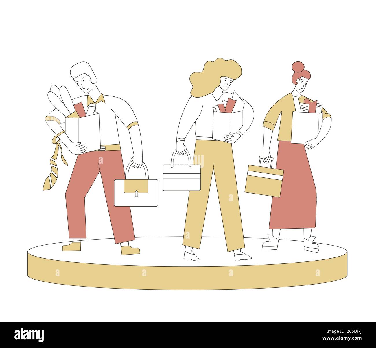 Concetto di disoccupazione. Scartati caratteri tristi contenenti una scatola di carta. Crisi del lavoro. Sparò l'uomo infelice e due donne in piedi con le sue cose. Tre colleghi Illustrazione Vettoriale