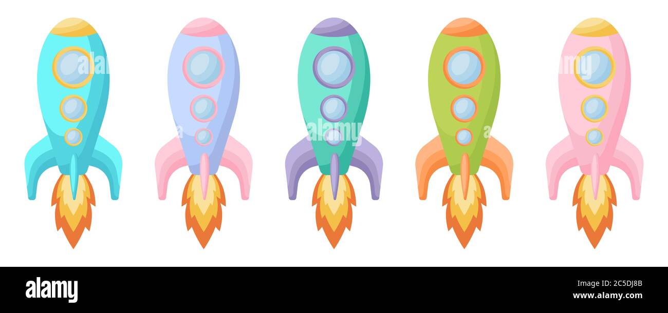 Collezione di carino cartoni animati baby's razzi isolati su sfondo bianco. Set di razzi di colori diversi per il design di tessuti di abbigliamento per stanze di bambini Illustrazione Vettoriale