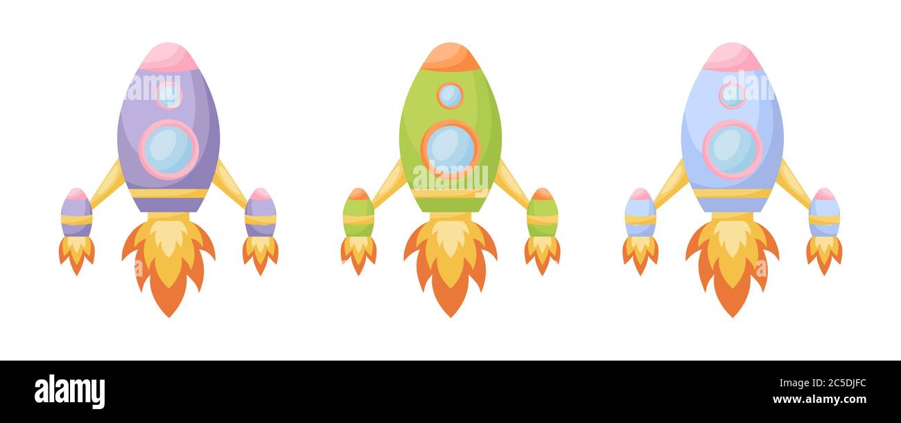 Collezione di carino cartoni animati baby's razzi isolati su sfondo bianco. Set di razzi di colori diversi per il design di tessuti di abbigliamento per stanze di bambini Illustrazione Vettoriale