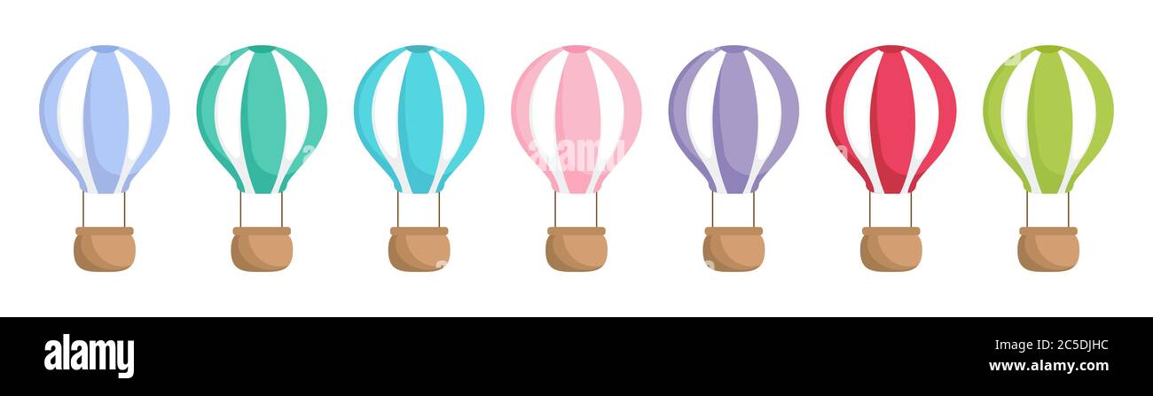 Raccolta di simpatici palloncini d'aria del bambino cartoon isolati su sfondo bianco. Set di aerostati di colori diversi per il design di abbigliamento per bambini Illustrazione Vettoriale
