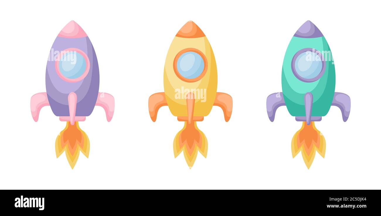 Collezione di carino cartoni animati baby's razzi isolati su sfondo bianco. Set di razzi di colori diversi per il design di tessuti di abbigliamento per stanze di bambini Illustrazione Vettoriale