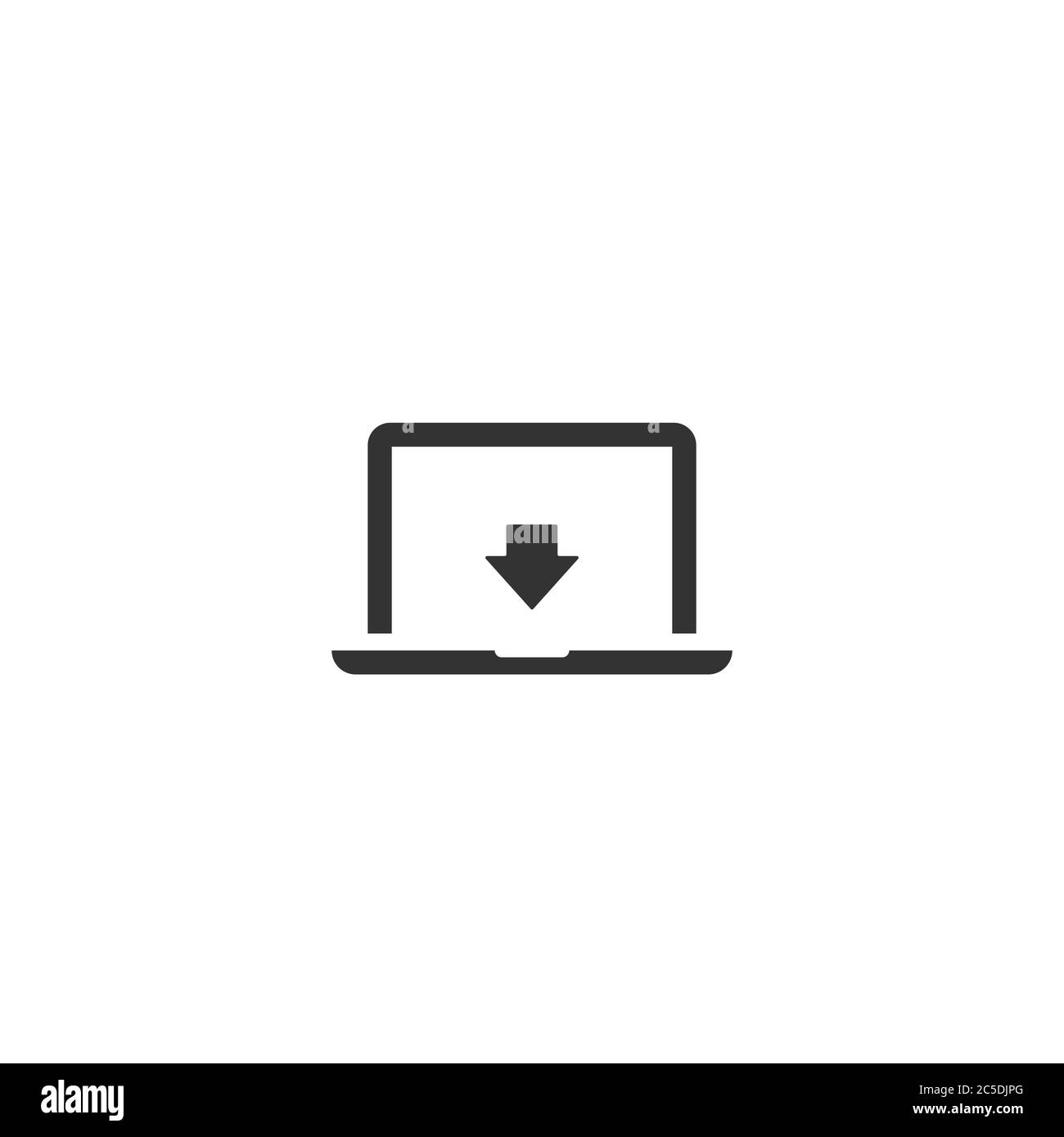 Monitor nero per computer portatile con freccia di download. Isolato su bianco. Icona vettore semplice piatto. Simbolo del file di caricamento Internet. Illustrazione Vettoriale