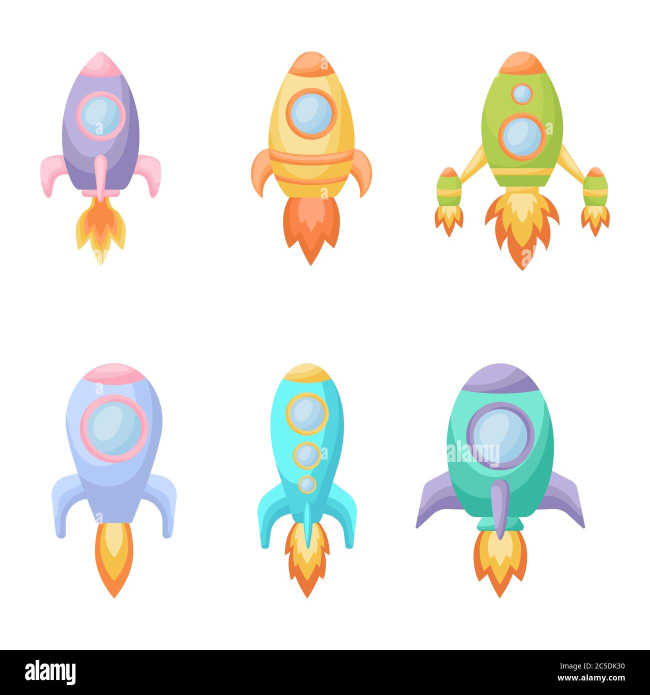 Collezione di carino cartoni animati baby's razzi. Set di diversi modelli di razzi per la progettazione di stanze di bambini abbigliamento tessile album carta invito. Illustrazione Vettoriale