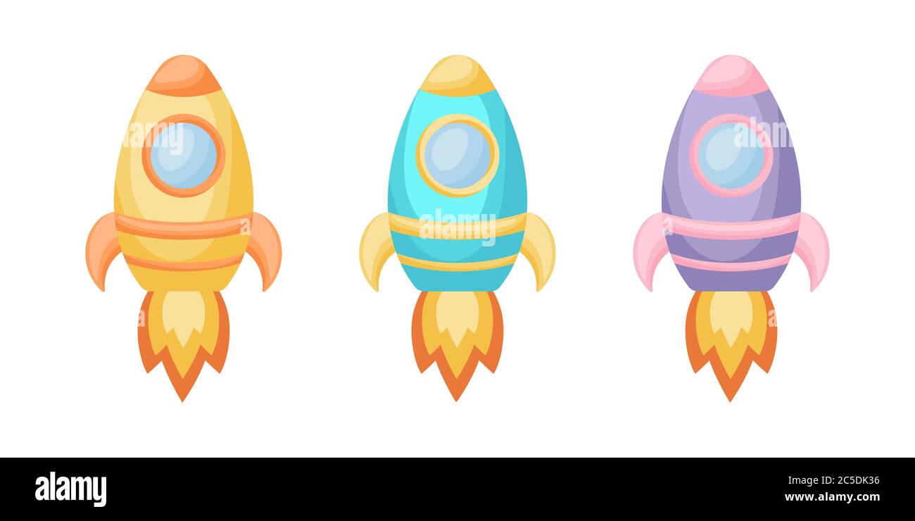 Collezione di carino cartoni animati baby's razzi isolati su sfondo bianco. Set di razzi di colori diversi per il design di tessuti di abbigliamento per stanze di bambini Illustrazione Vettoriale