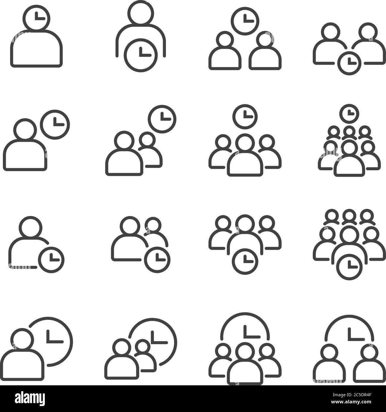 Semplice set di icone di linea piatta vettoriale correlate alle persone d'affari. Contiene come gestione del tempo, organizzazione, comunità, gruppo di persone o persone e. Illustrazione Vettoriale