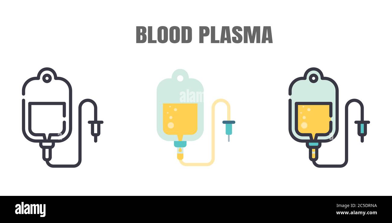 Plasma sanguigno è in corso di ricerca da pazienti recuperati Covid-19. Ricerca per la malattia di Coronavirus 2019 trattamenti di infezione. Contorno linea, piatto, riempimento Illustrazione Vettoriale