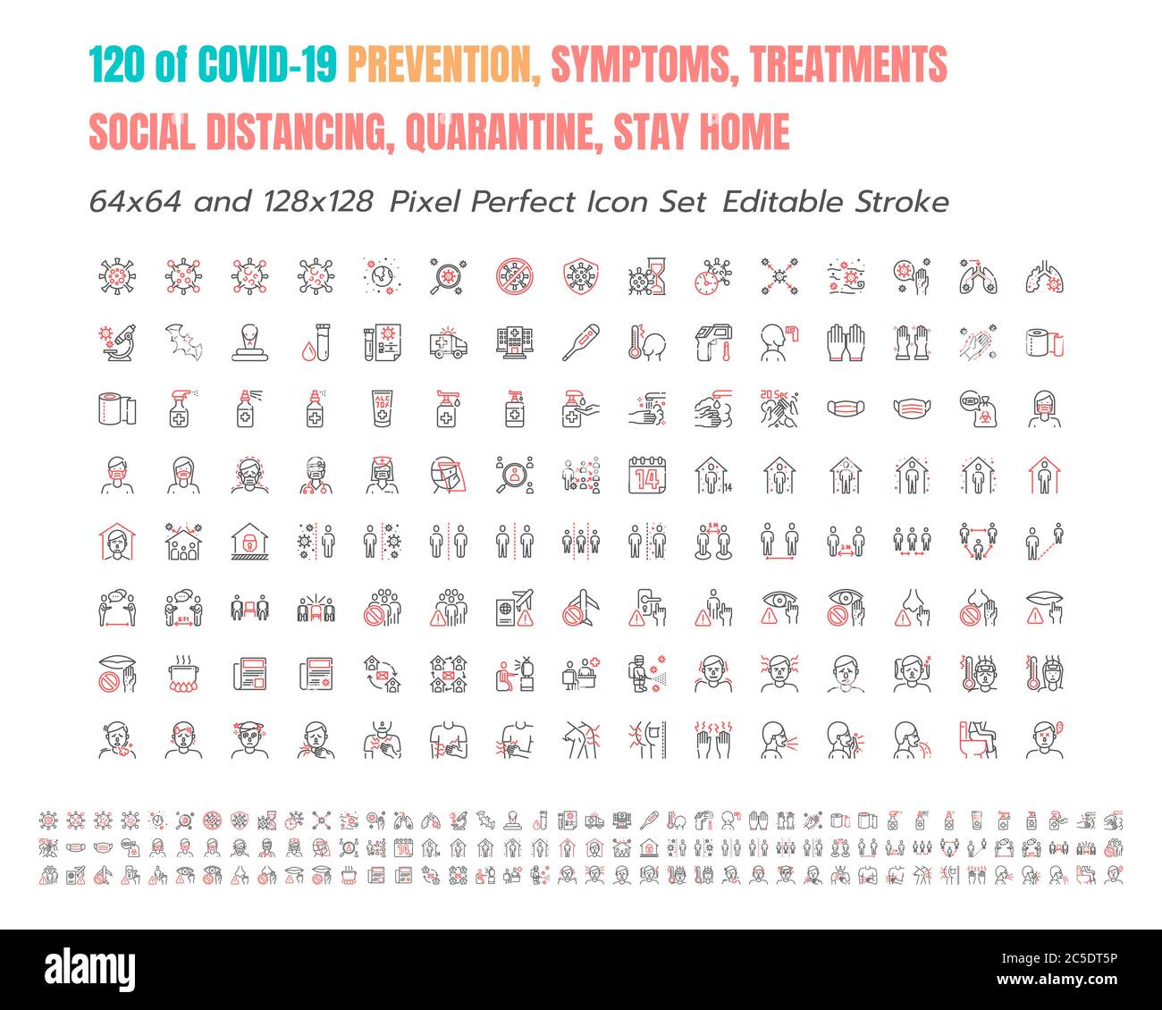 Semplice set di Covid-19 prevenzione Bicolor Line Outline Icons. Come le icone come misure protettive, Coronavirus, Social Distancing, sintomi, soggiorno a Hom Illustrazione Vettoriale