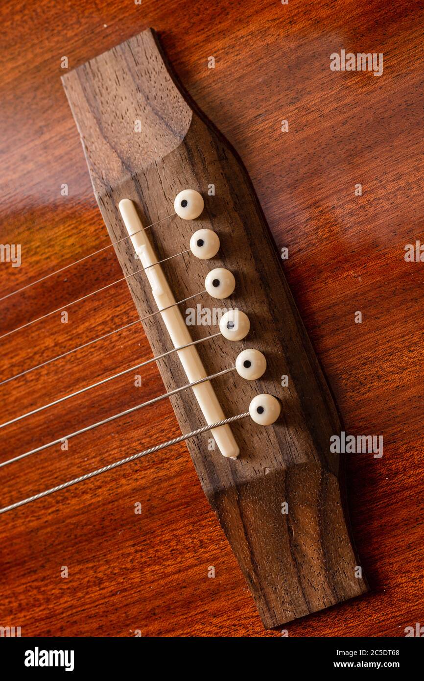 Chitarra acustica Ponte metallico archi strumento musicale in legno. Borchie per cinghia per chitarra. Foto Stock