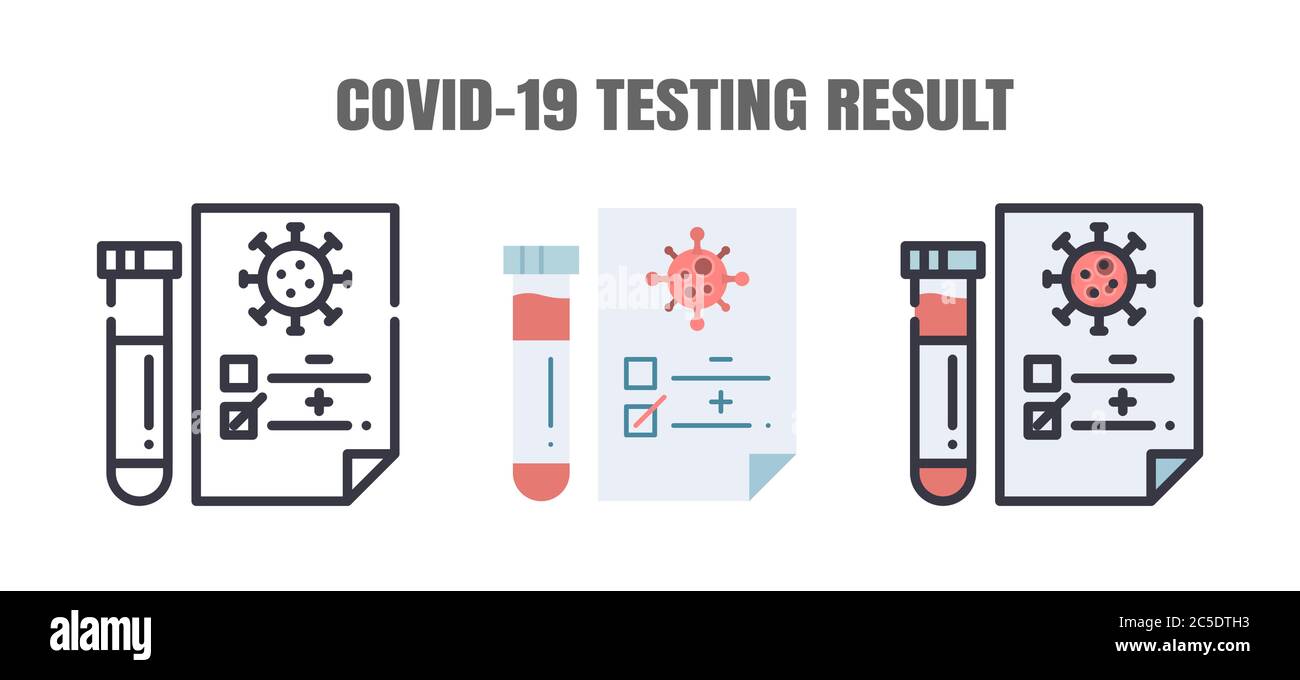 I risultati dei test dei pazienti con Covid-19 sono negativi o positivi. La malattia di Coronavirus 2019 trattamenti di infezione. Set di icone linee, piatte, riempite. E Illustrazione Vettoriale