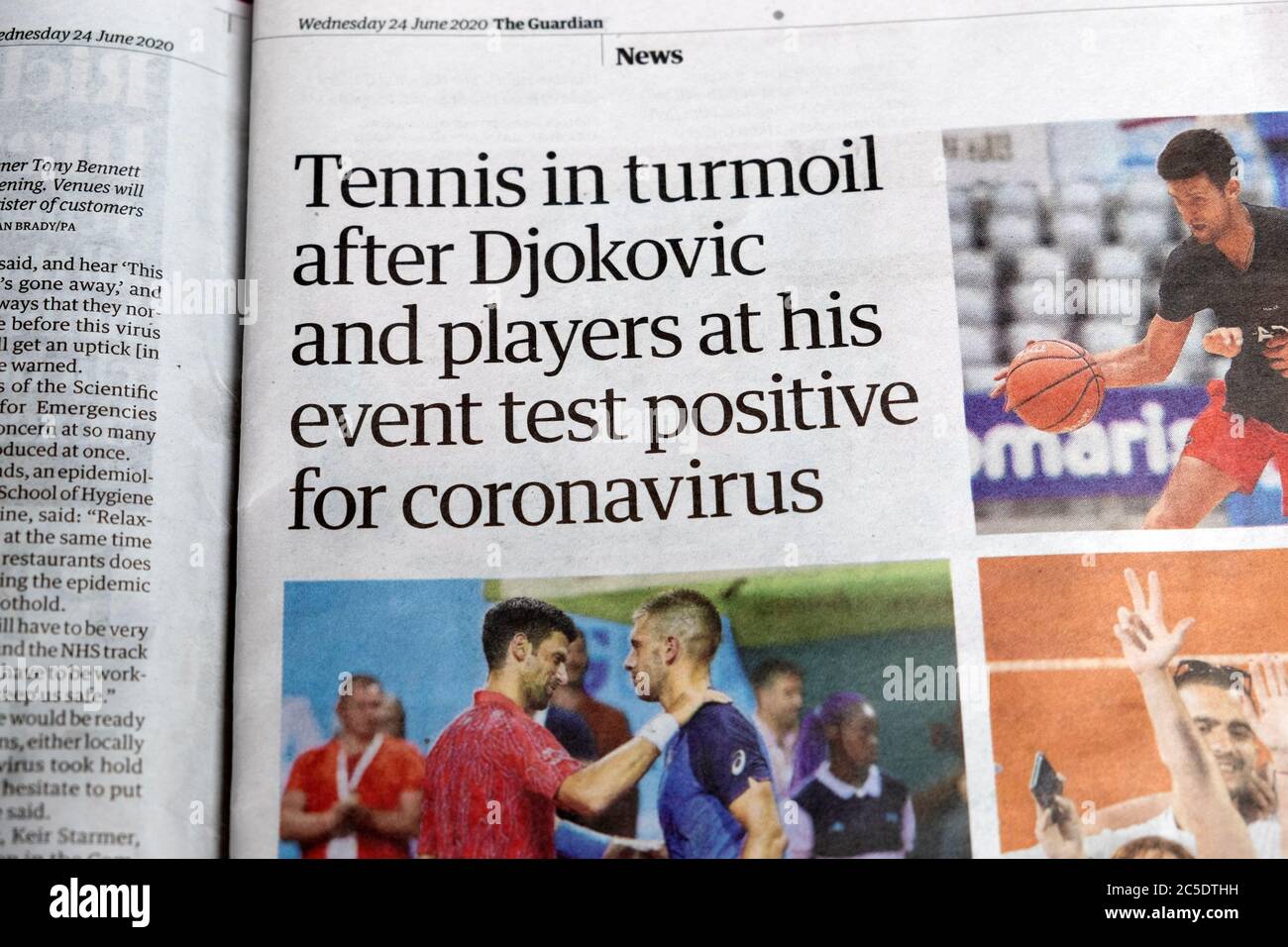 "Il tormento del tennis dopo Djokovic e i giocatori al suo test positivo per il coronavirus" nel giornale Guardian di Belgrado articolo Londra UK 24 giugno 2020 Foto Stock