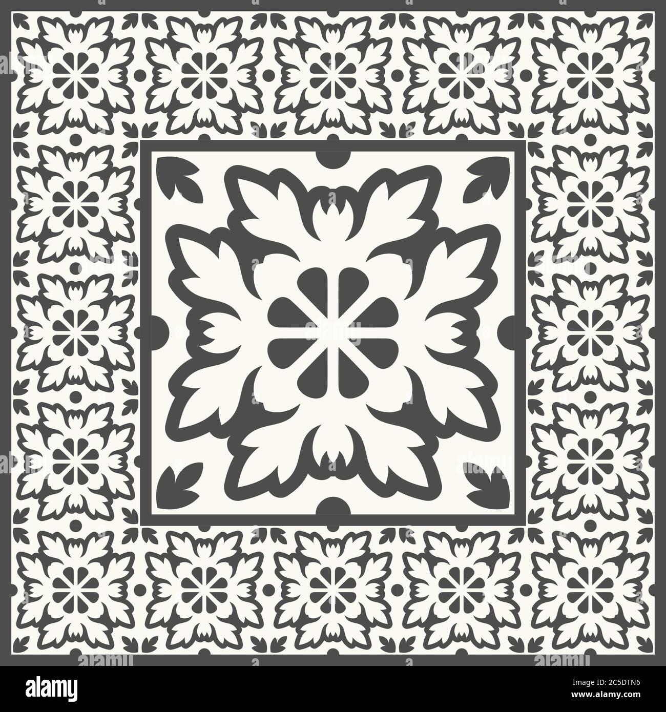 Piastrelle per pavimenti - senza cuciture vintage modello con piastrelle di cemento. Sfondo vettoriale senza giunture. Illustrazione vettoriale. Una piastrella grande al centro è incorniciata in t piccola Illustrazione Vettoriale