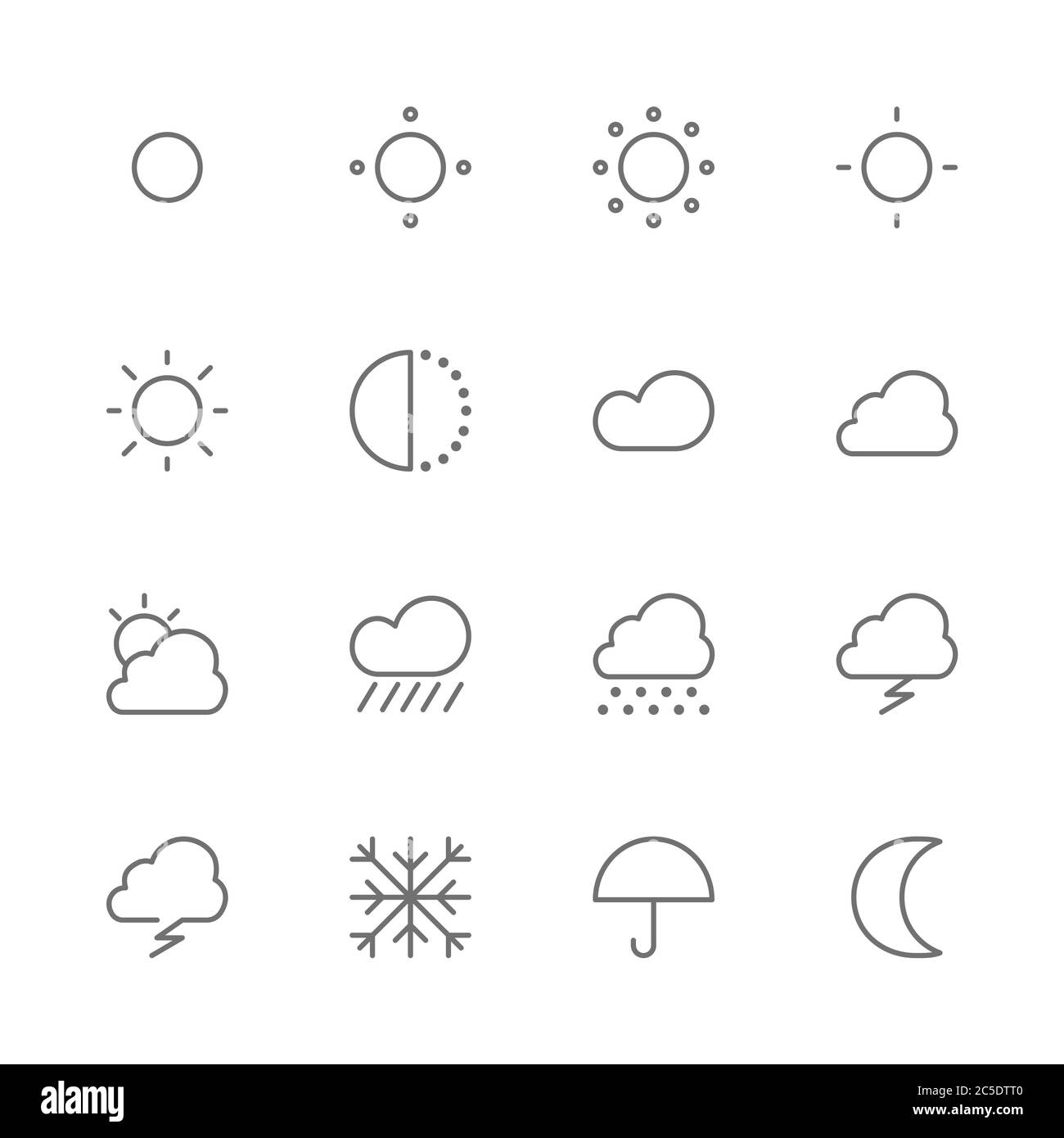 Semplice set di icone a linea sottile del vettore correlate alle previsioni meteo e climatiche. Contiene come piovoso, soleggiato, nevoso, nuvoloso, giorno, notte, caldo, freddo, sole, m. Illustrazione Vettoriale