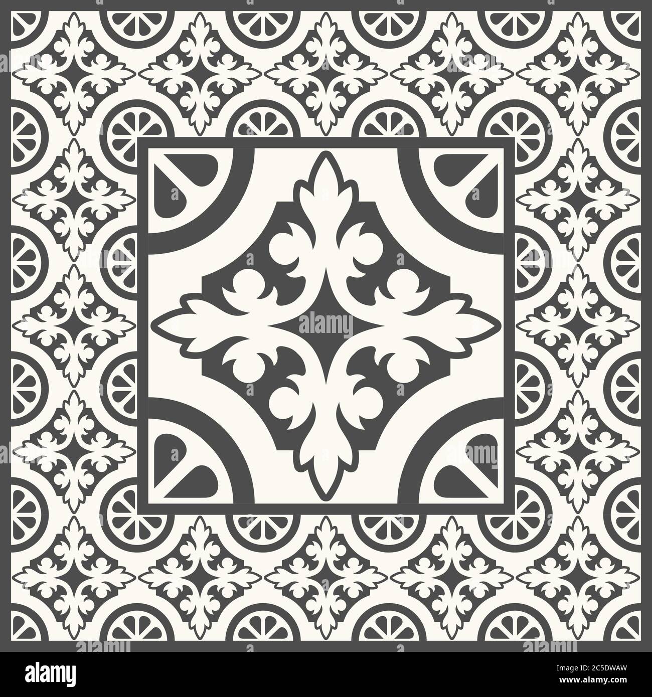 Piastrelle per pavimenti - senza cuciture vintage modello con piastrelle di cemento. Sfondo vettoriale senza giunture. Illustrazione vettoriale. Una piastrella grande al centro è incorniciata in t piccola Illustrazione Vettoriale