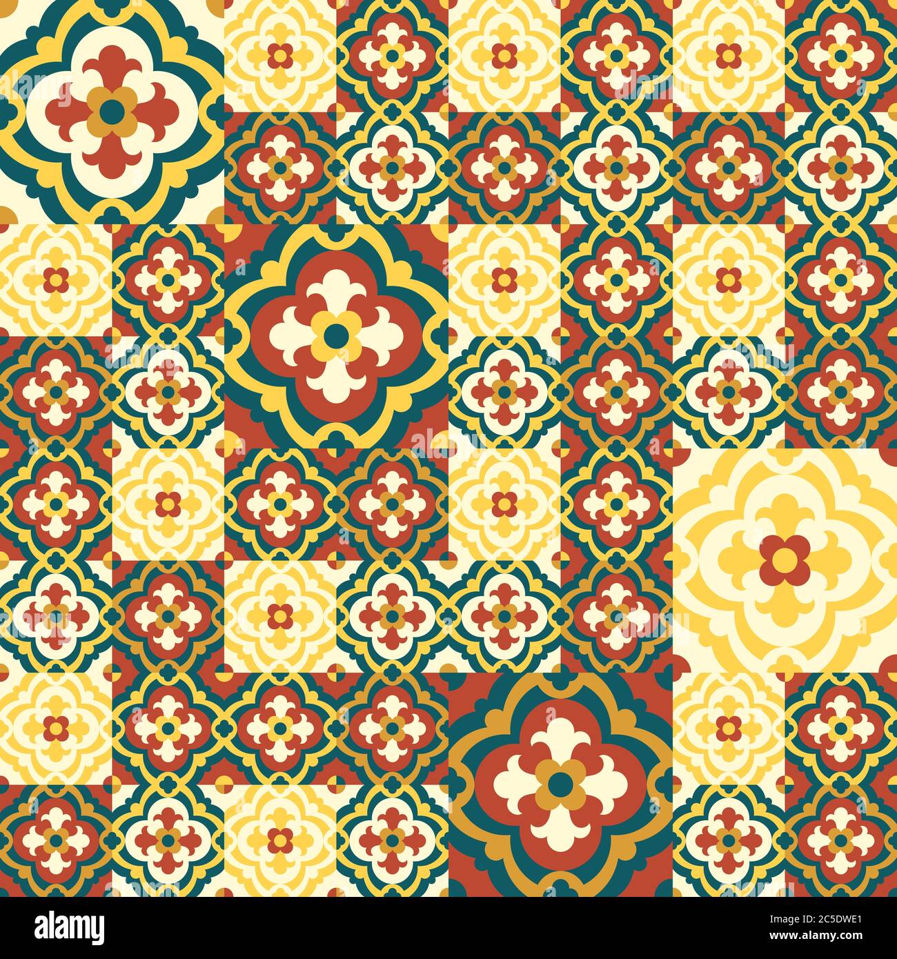 Piastrelle da pavimento - motivo vintage senza cuciture con quatrefoli. Modello di stile patchwork. Sfondo vettoriale senza giunture. Colori semplici - facile da colorare. Illustrazione Vettoriale