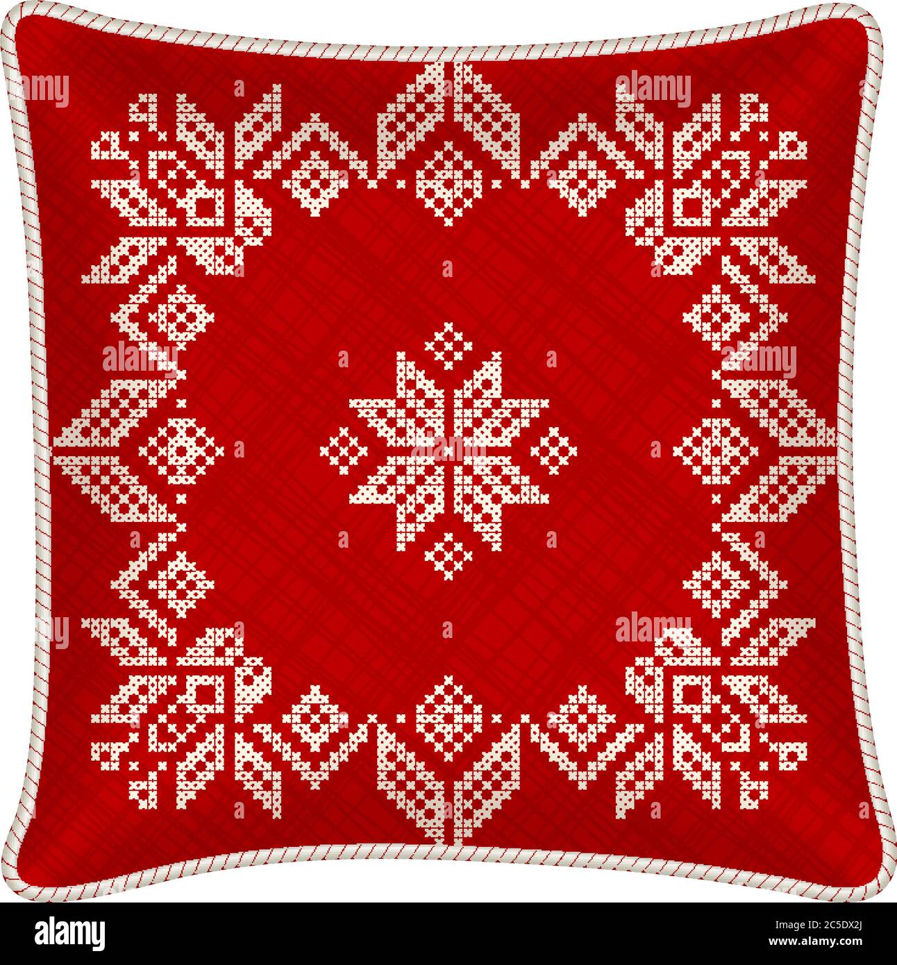 Cuscino vettoriale con federa ricamata. Tradizionale ornamento scandinavo per Natale - fiocchi di neve bianchi e rossi luminosi con motivo a punto croce. Illustrazione Vettoriale