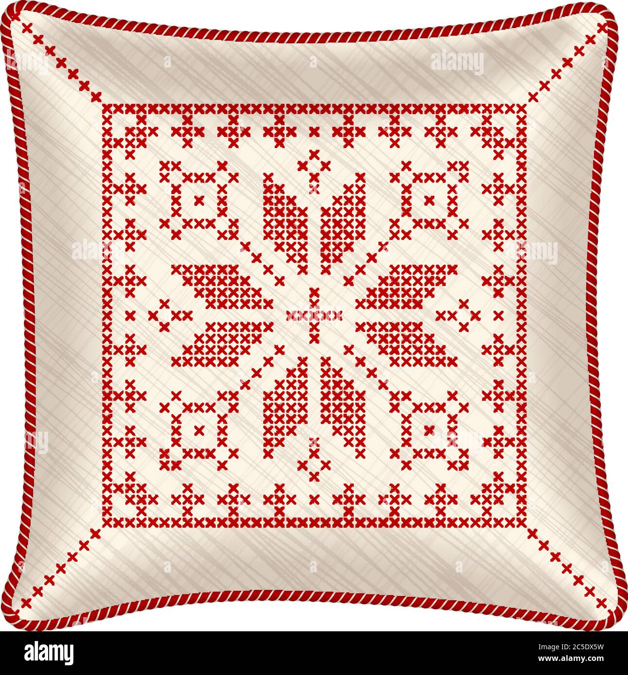 Cuscino vettoriale con federa ricamata. Tradizionale ornamento scandinavo per Natale - fiocchi di neve bianchi e rossi luminosi con motivo a punto croce. Illustrazione Vettoriale