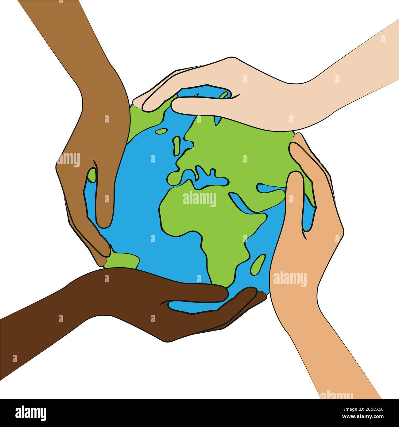 Il pianeta terra nel mezzo di mani umane con diversi colori di pelle illustrazione vettoriale EPS10 Illustrazione Vettoriale
