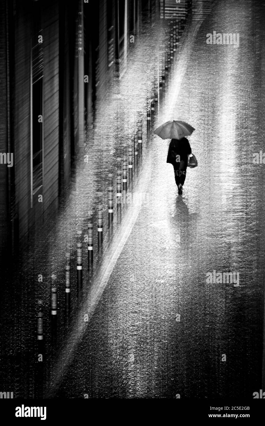 donna cammina da sola con ombrello - in bianco e nero vista alta della donna sotto la pioggia Foto Stock