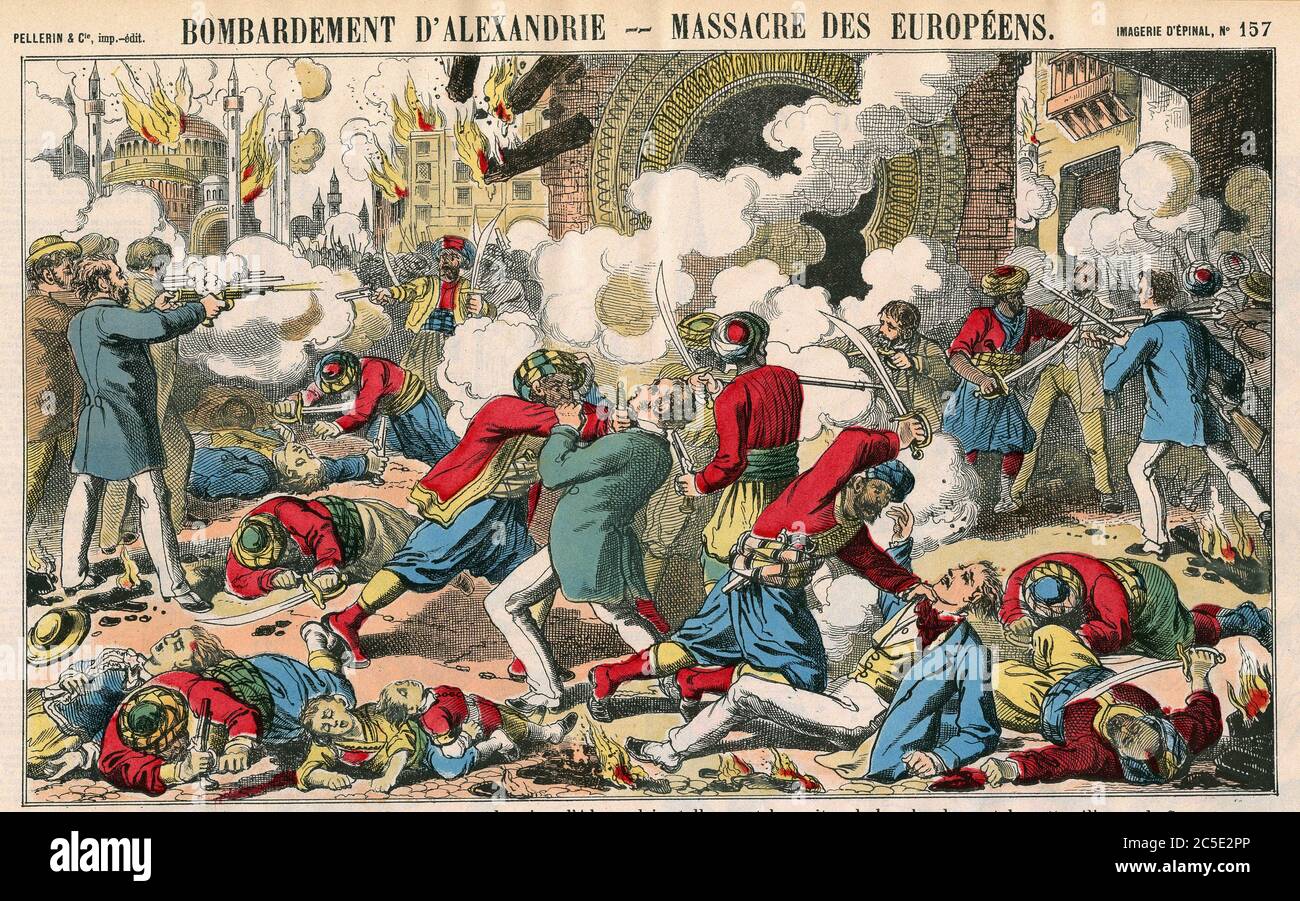 En 1882, le colonel Arabi Pacha organizzare il massacre des Europeens d'Alexandrie en reprépaille de l'occupation francaise et anglaise. Imagerie d'Epinia Foto Stock