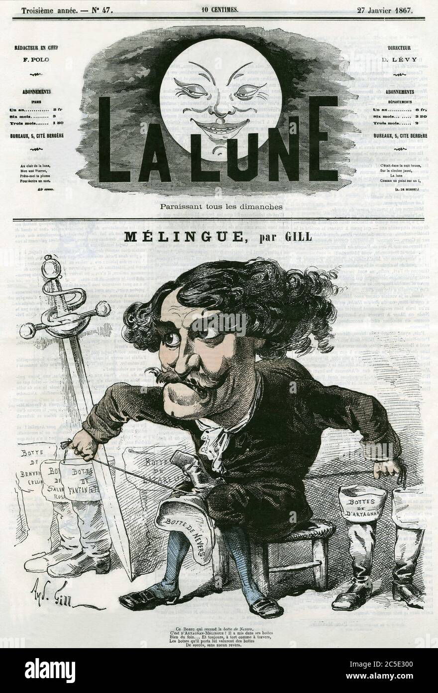 Portrait de Etienne Marin Melingue (1808-1875), acteur et sculteur francais. Caricature par Gill, in 'la Lune', le 27 janvier 1867. Foto Stock