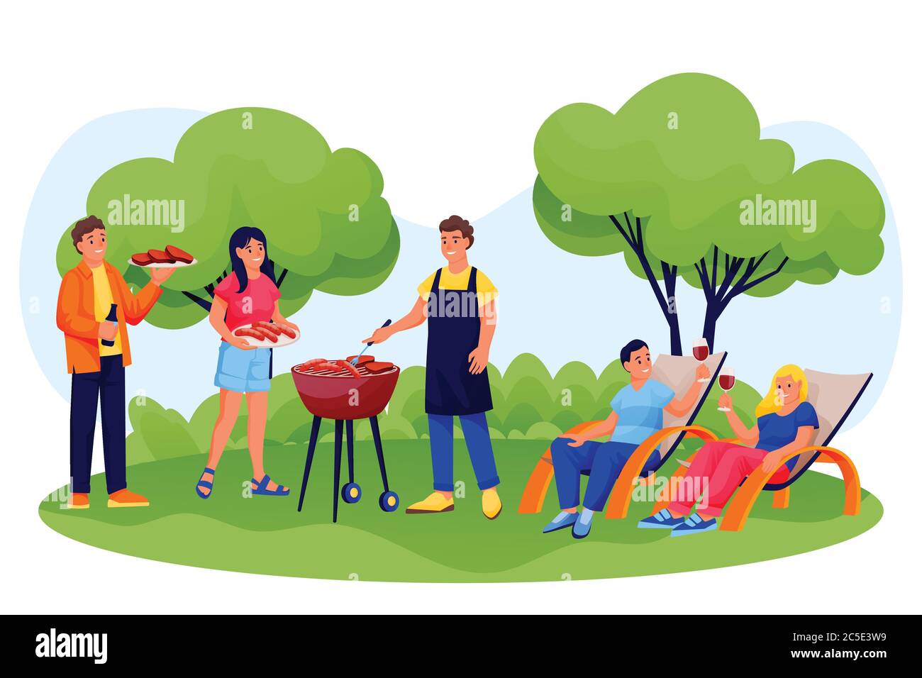 Barbecue all'aperto. Amici felici che cucinano carne alla griglia e salsicce durante il picnic estivo. Vettore piatto cartoon uomini e donne illustrazione caratteri. Wee Illustrazione Vettoriale