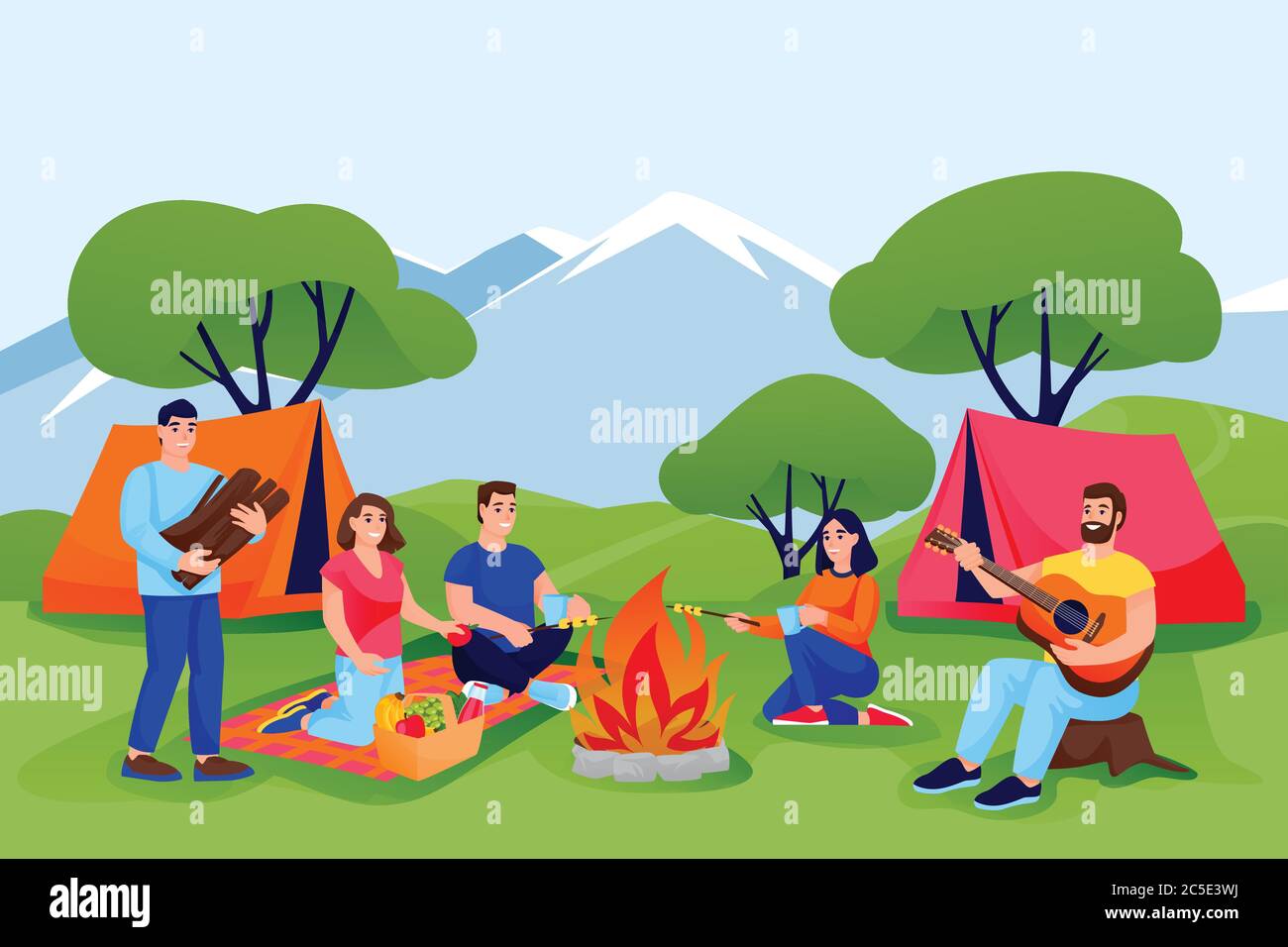 Campeggio estivo ed ecoturismo. Amici felici hanno riposo in foresta o in montagna campeggio in tende. Illustrazione dei personaggi vettoriali a fumetti piatti. OU Illustrazione Vettoriale