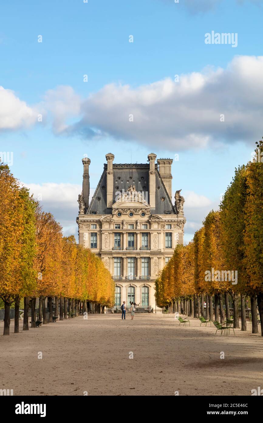 Colore autunno nel Jardin des Tuileries con Pavillon de Flore del Musee du Louvre Beyond, Parigi, Francia Foto Stock