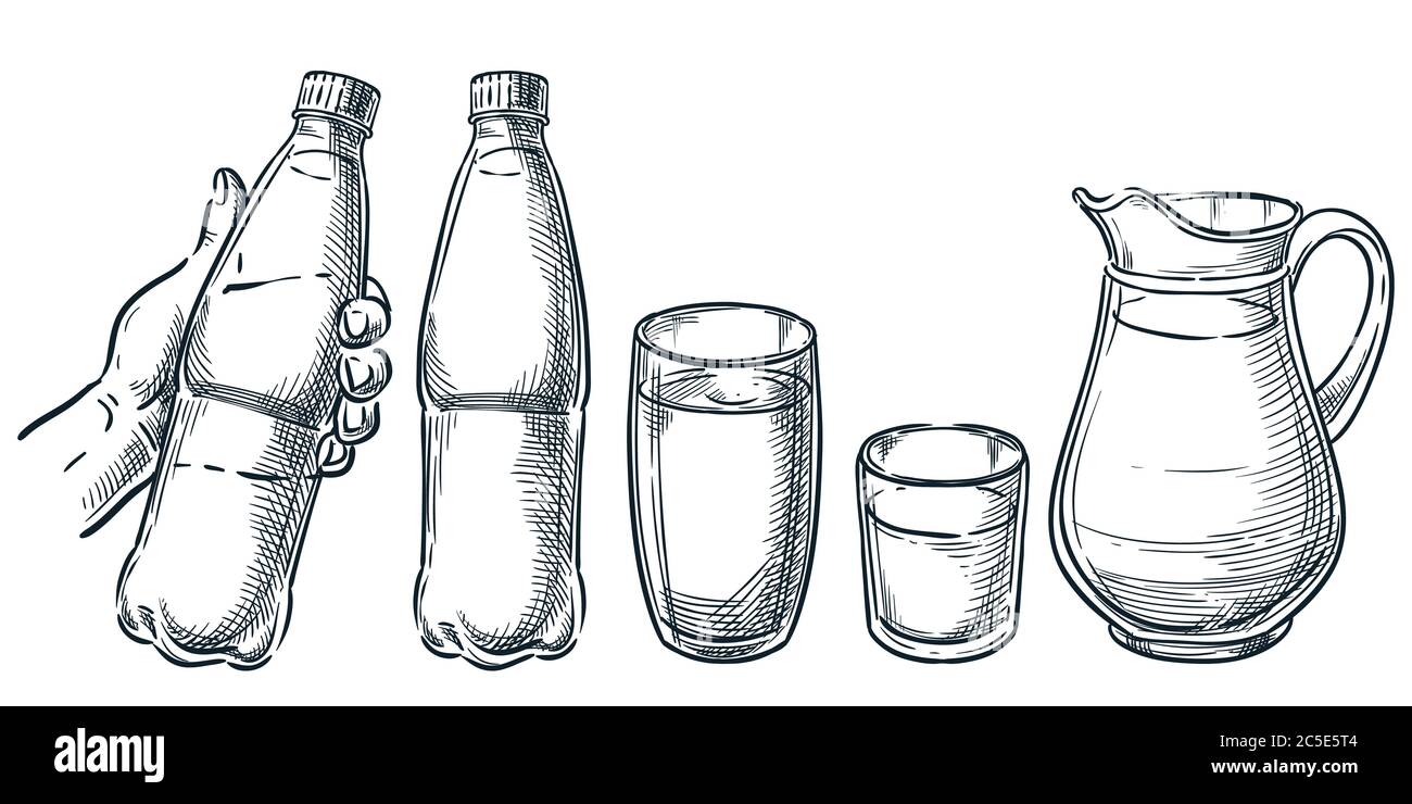 Bottiglia di plastica per mano umana con acqua. Acqua minerale pura in tazza di vetro e caraffa. Illustrazione dello schizzo disegnata a mano dal vettore. Illustrazione Vettoriale