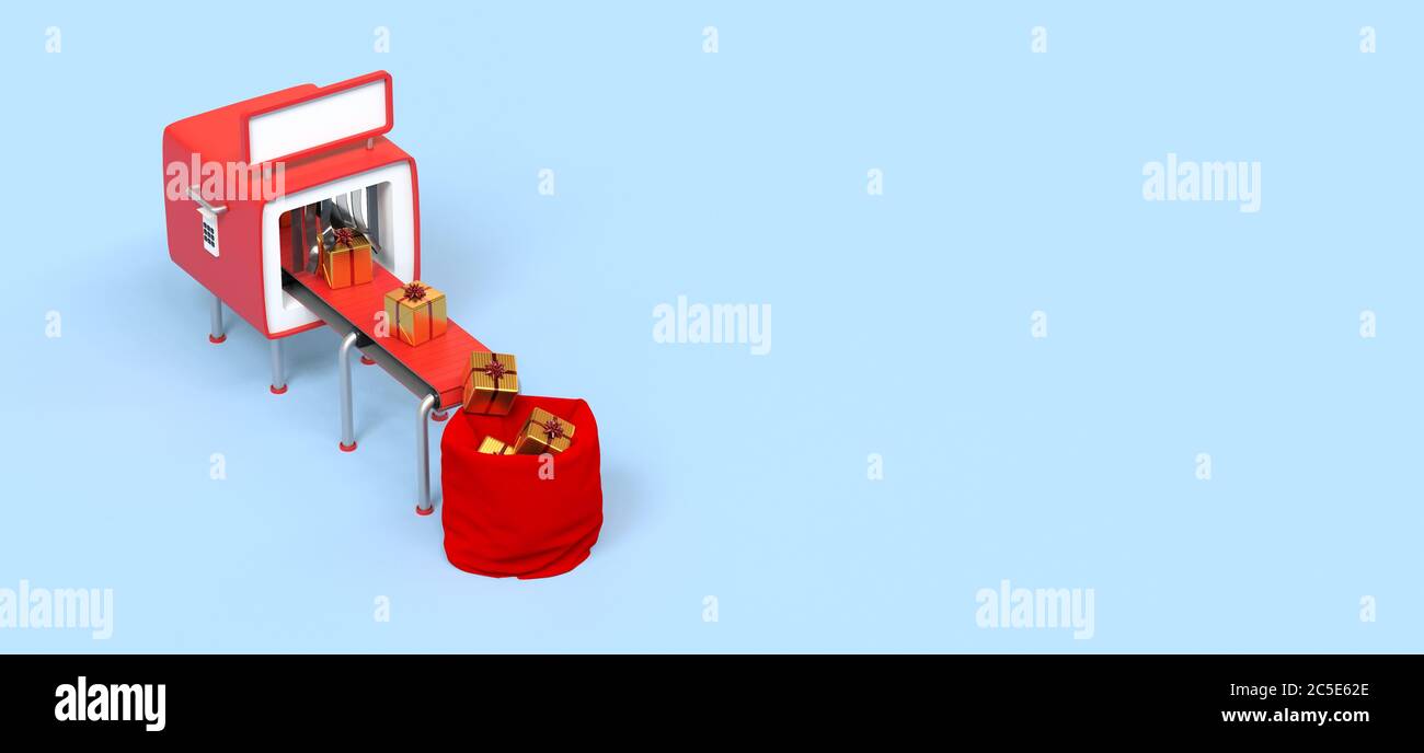 regali sul nastro trasportatore, illustrazione sulla logistica Foto Stock