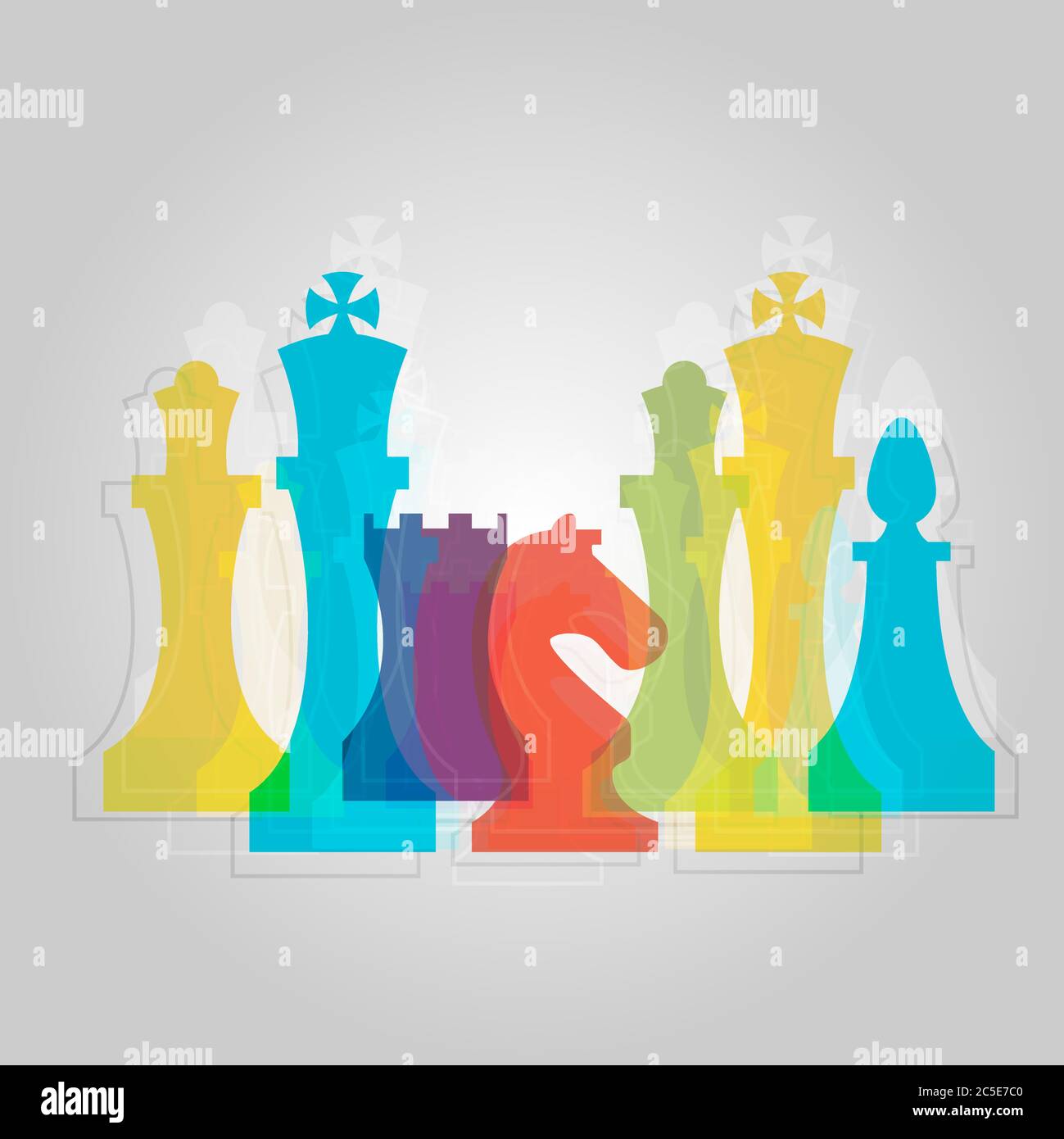 Scacchi pezzi business segno & corporate Identity template per scacchi club o scuola di scacchi. Set di icone vettoriali per pezzi a scacchi standard. Vettore di scacchi colorato Illustrazione Vettoriale