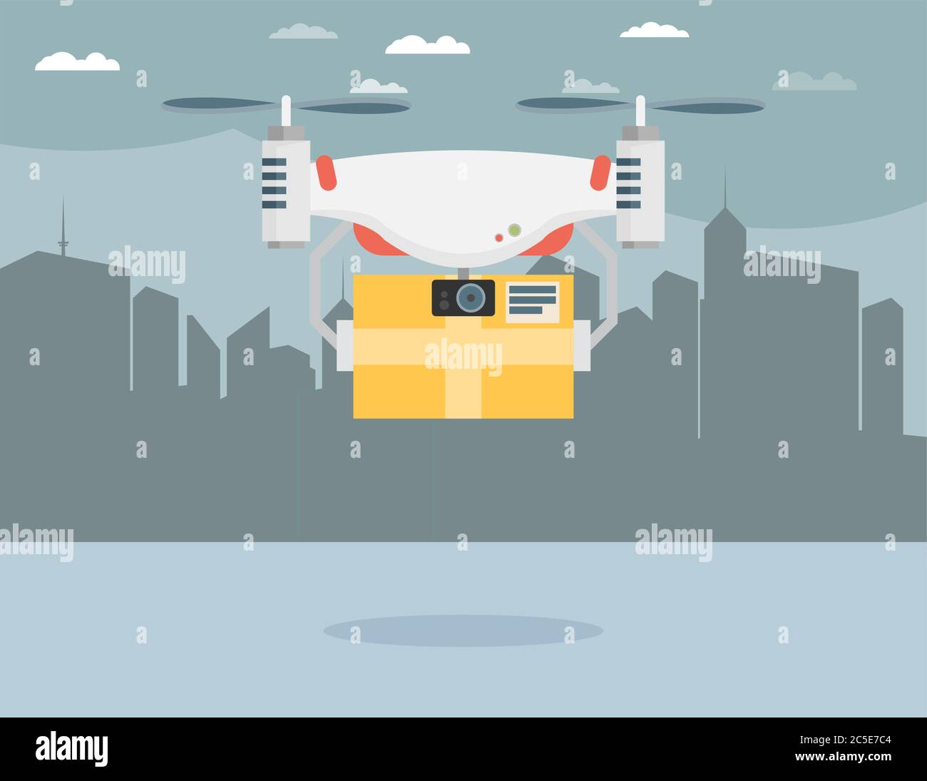 Drone aereo remoto con una scatola in città. Vettore piatto Illustrazione Vettoriale