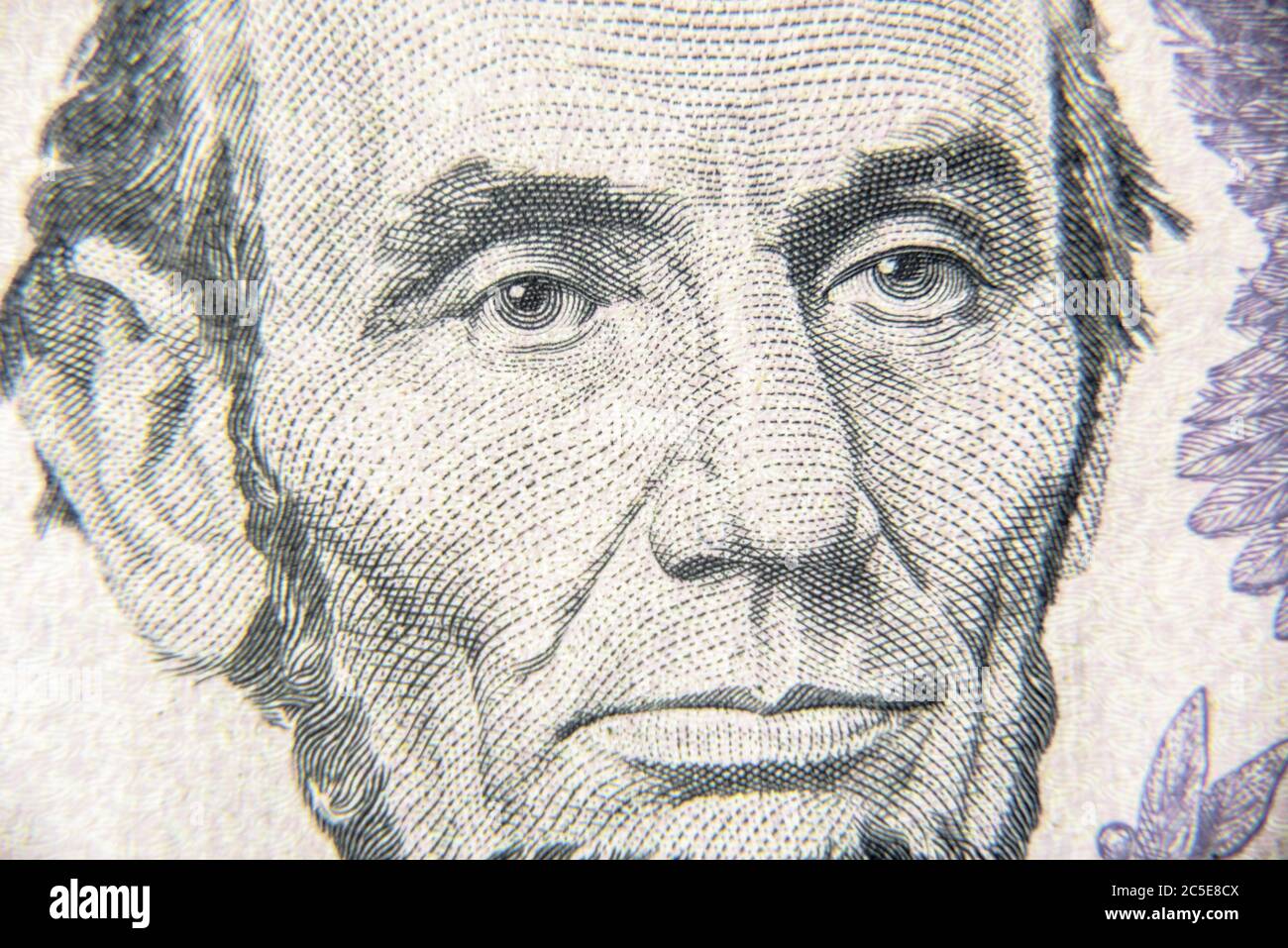 Abraham Abe Lincoln faccia su un conto di 5 dollari primo piano. Ritratto del famoso presidente americano sulla banconota da dollaro. Macro vista del denaro di carta USA. Dettaglio del nuovo c Foto Stock