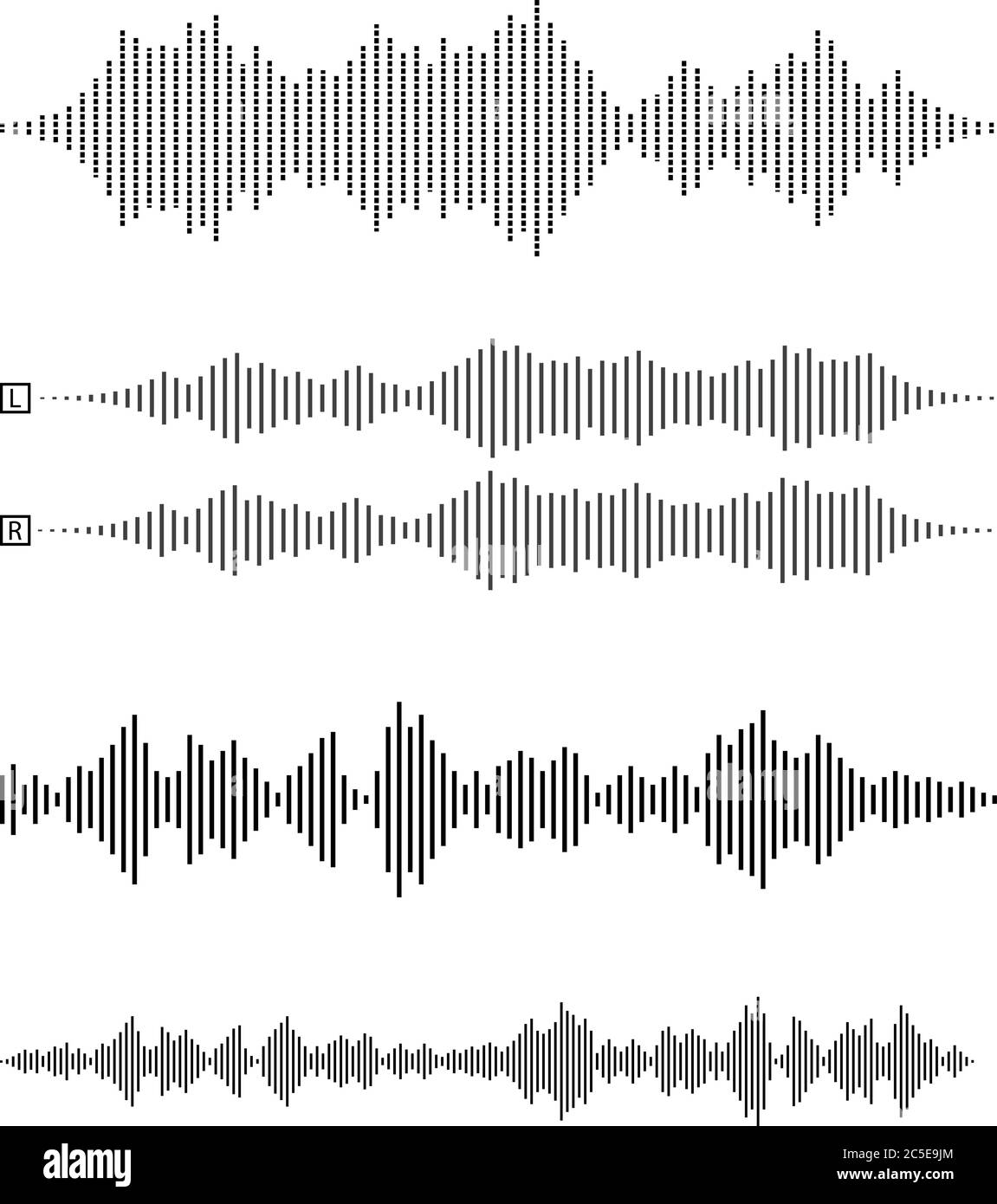 set di forme d'onda audio o forme d'onda sonore, voce, rumore o illustrazione vettoriale dei simboli musicali Illustrazione Vettoriale
