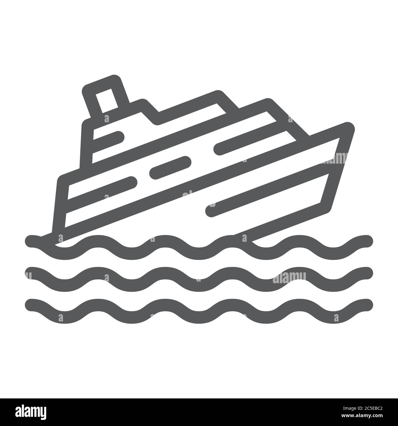 Icona della linea di nave affondante, disastro e acqua, segno di catastrofe della barca, grafica vettoriale, un motivo lineare su uno sfondo bianco. Illustrazione Vettoriale