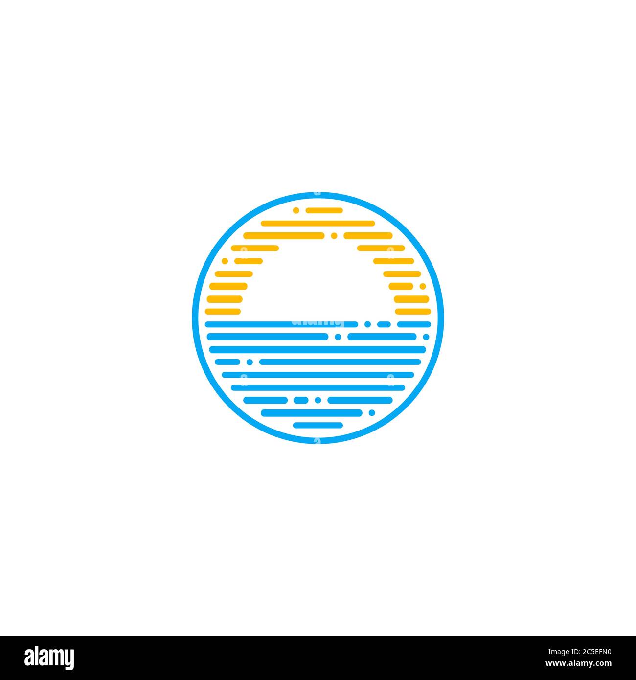 Logo Ocean, combinazione di elementi di design per sole e acqua di mare, con linea tratteggiata, isolato su sfondo bianco. Illustrazione Vettoriale