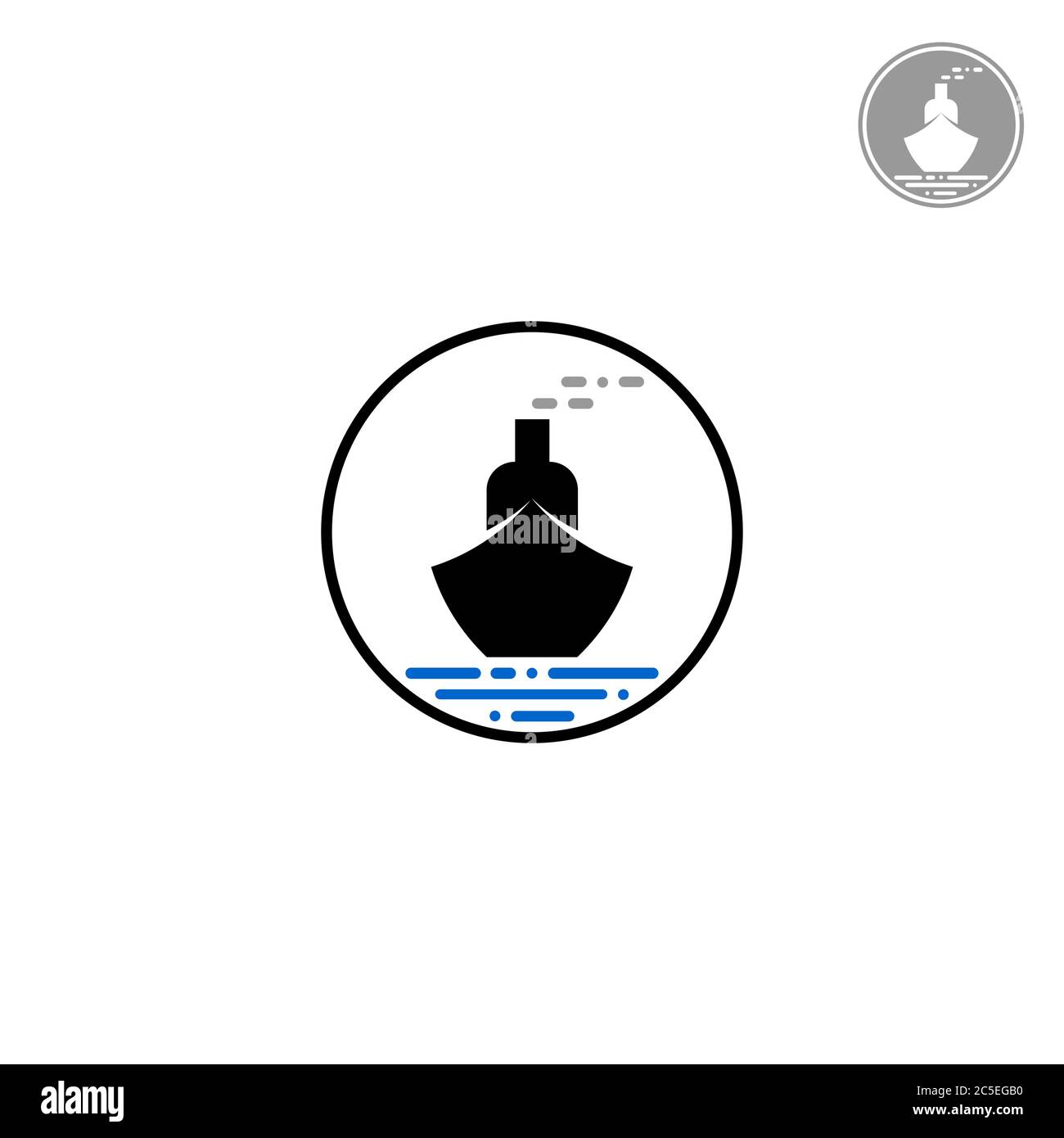 Modello del logo della nave, concetti di design della silhouette e linee tratteggiate, isolati su sfondo bianco. Illustrazione Vettoriale